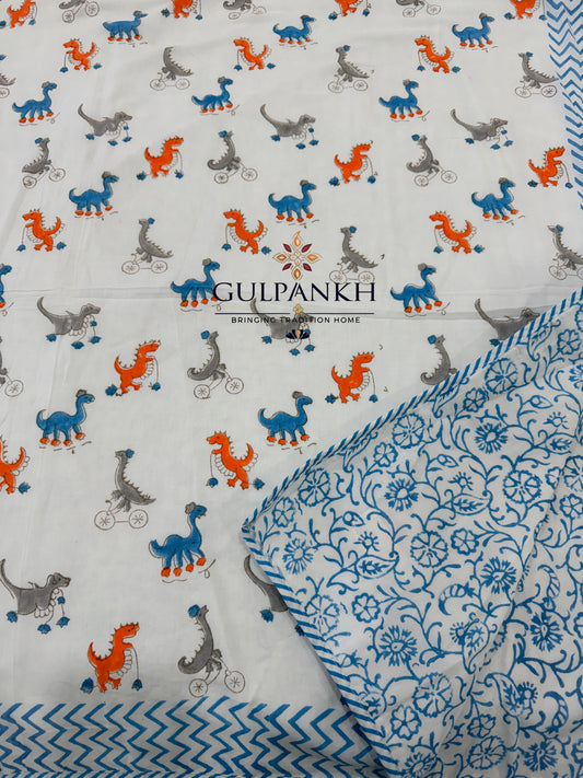 Hand Block Printed Mulmul Cotton Kids Dohar - Dino Adventure | Gulpankh Canada