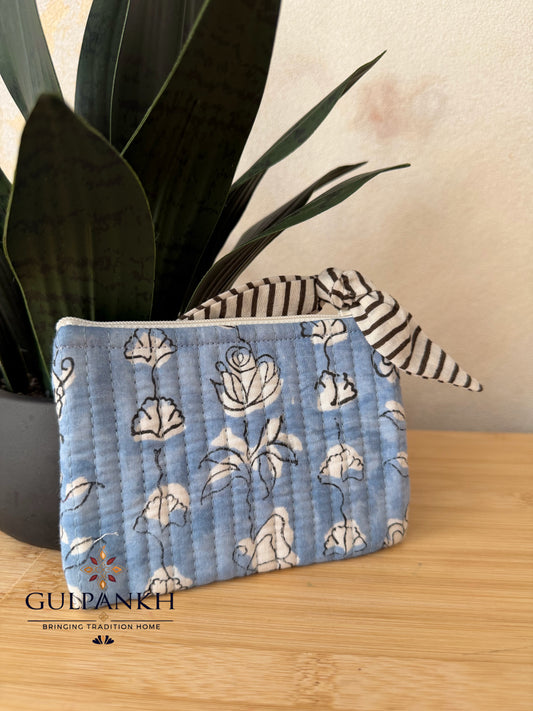 Hand Block Printed Quilted Flat Pouch – Blue Willow Bloom | Gulpankh Canada