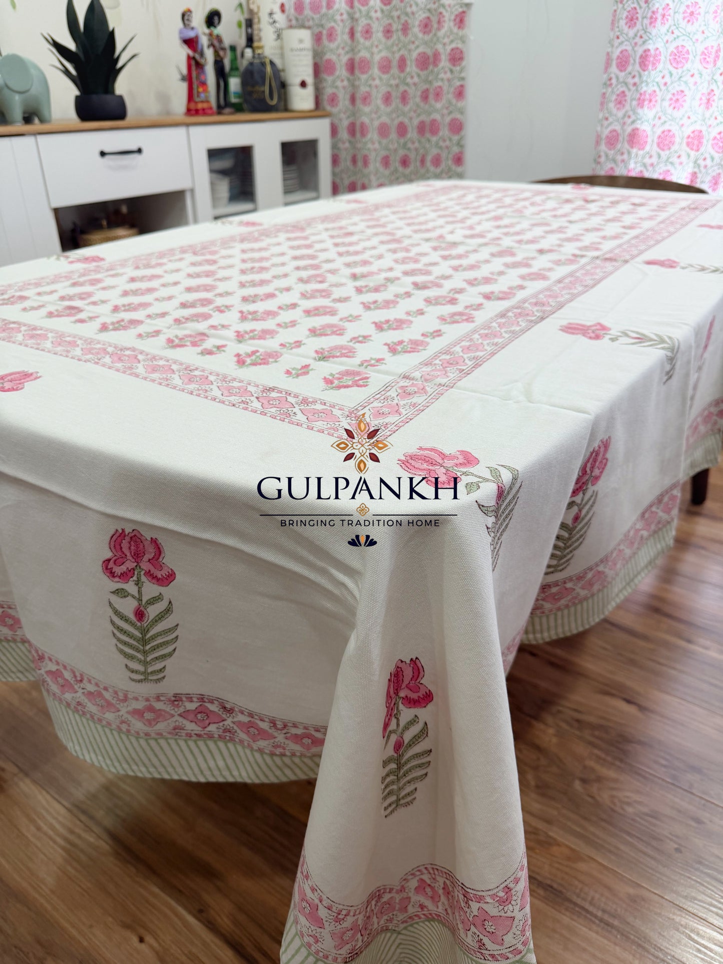 Hand Block Printed Cotton Table Cover - Blush Garden Bloom | Gulpankh Canada