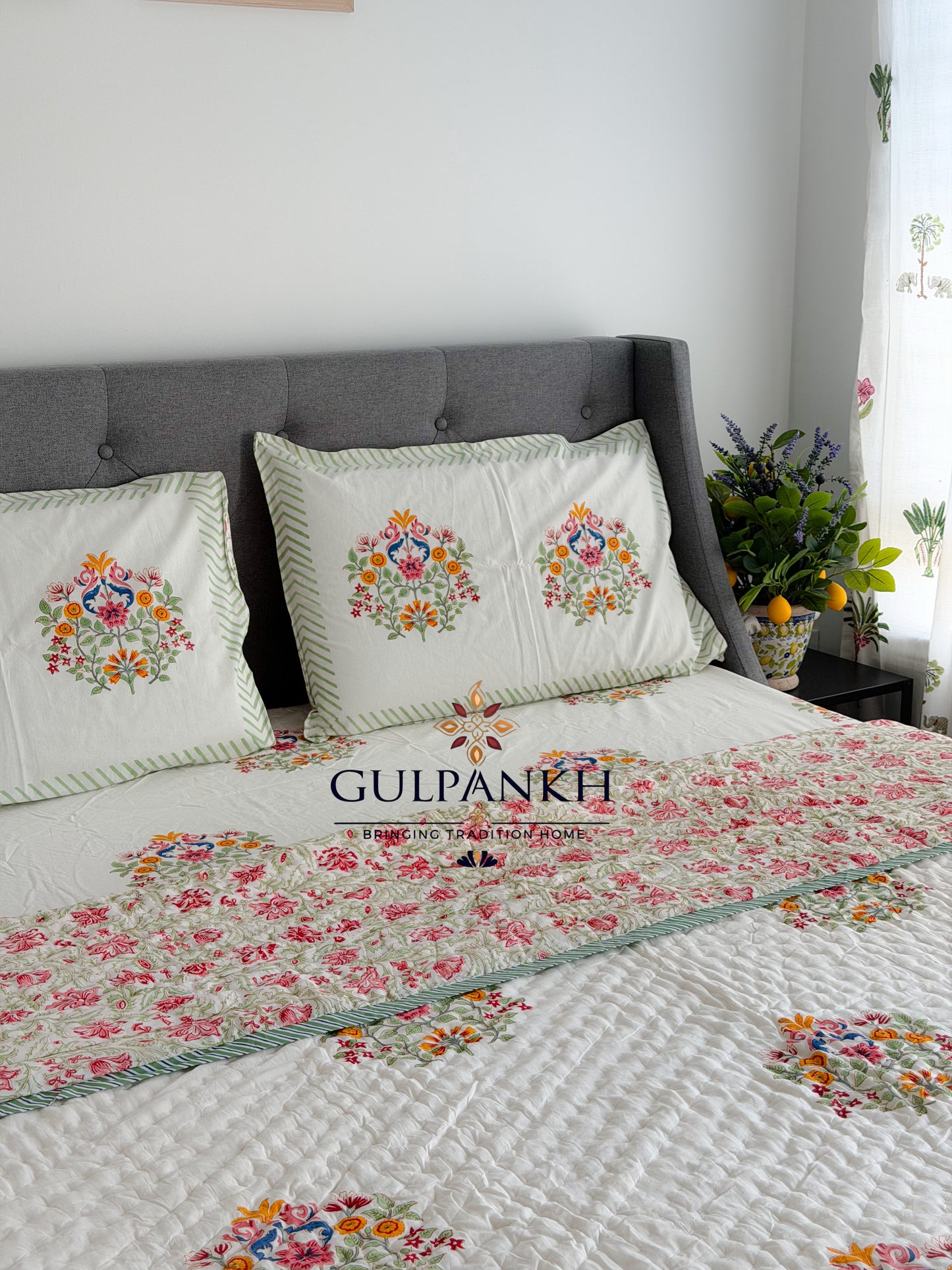 Hand Block Printed Cotton Bedding Set with Quilt - Gulbahar Blossom | Gulpankh Canada