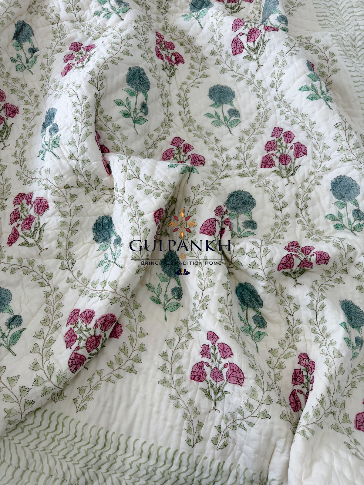 Reversible Hand Block Printed Cotton Quilt - Gulabi Bagh | Gulpankh Canada