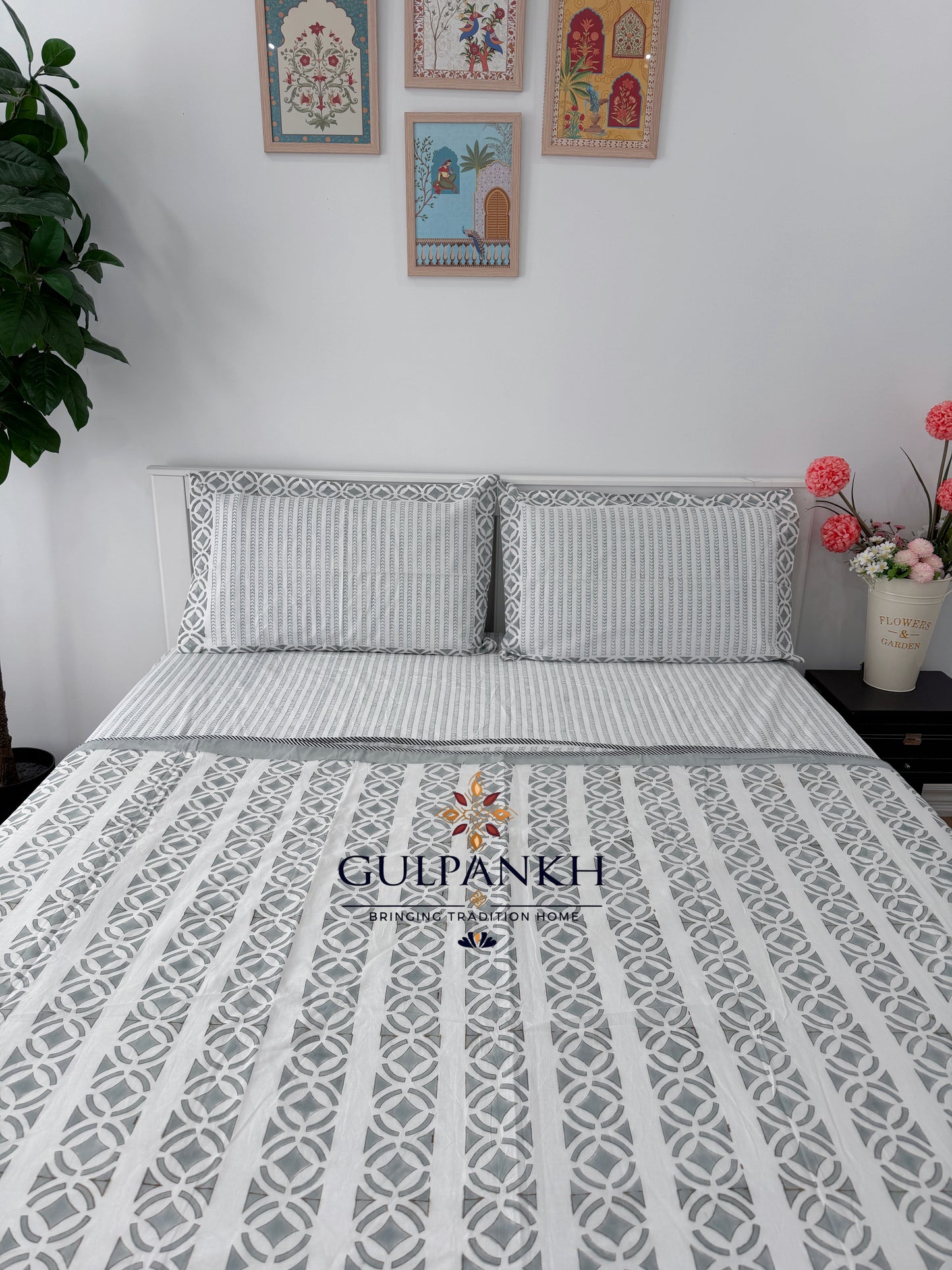 Hand Block Printed Cotton King Fitted Bedsheet with Matching Dohar - Sage Grey Luxe | Gulpankh Canada