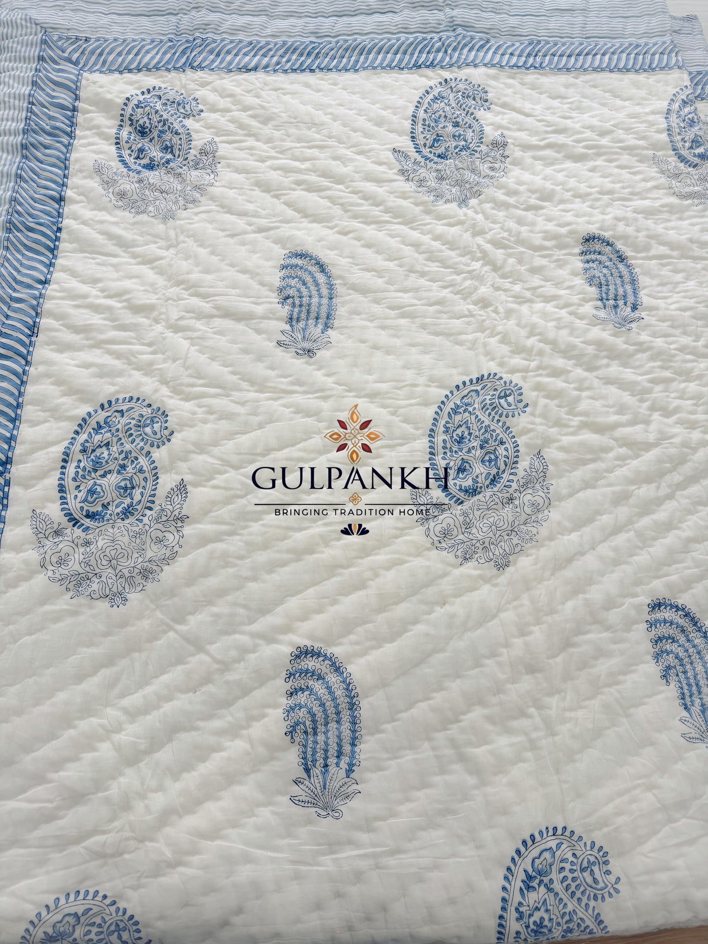 Hand Block Printed Cotton Quilt - Indigo Saaz | Gulpankh Canada
