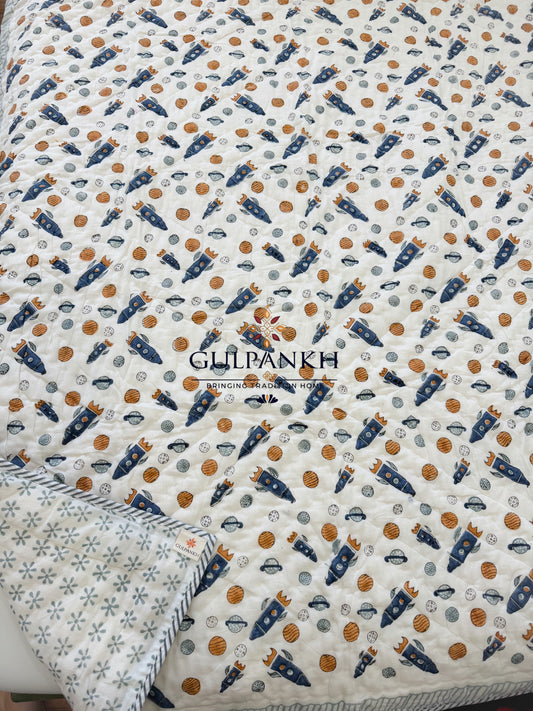 Hand Block Printed Baby Cotton Quilt - Cosmic Rocket Voyage | Gulpankh Canada