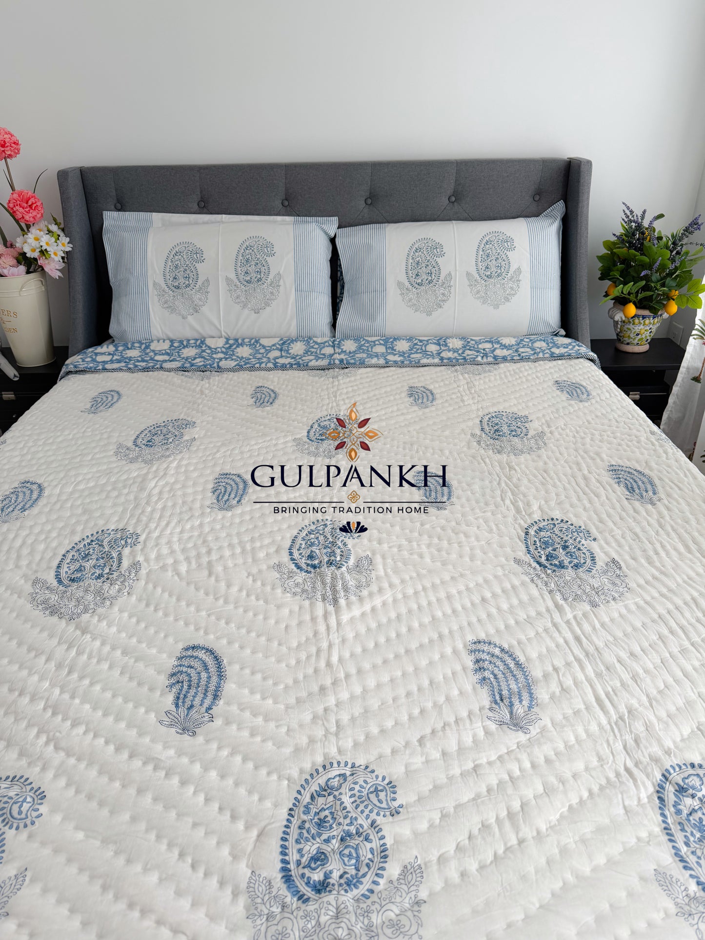 Hand Block Printed Cotton Quilt - Indigo Saaz | Gulpankh Canada