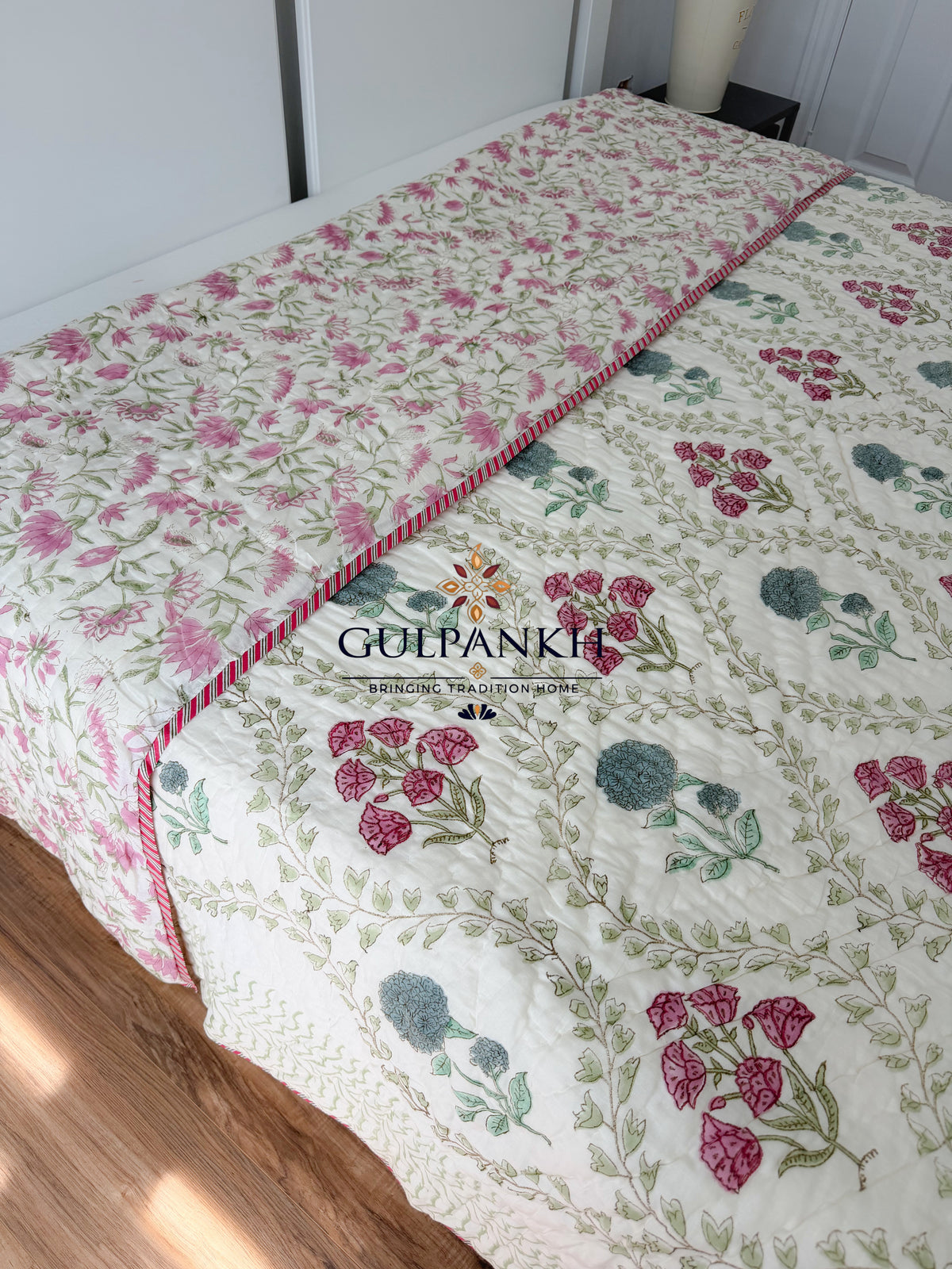 Reversible Hand Block Printed Cotton Quilt - Gulabi Bagh | Gulpankh Canada