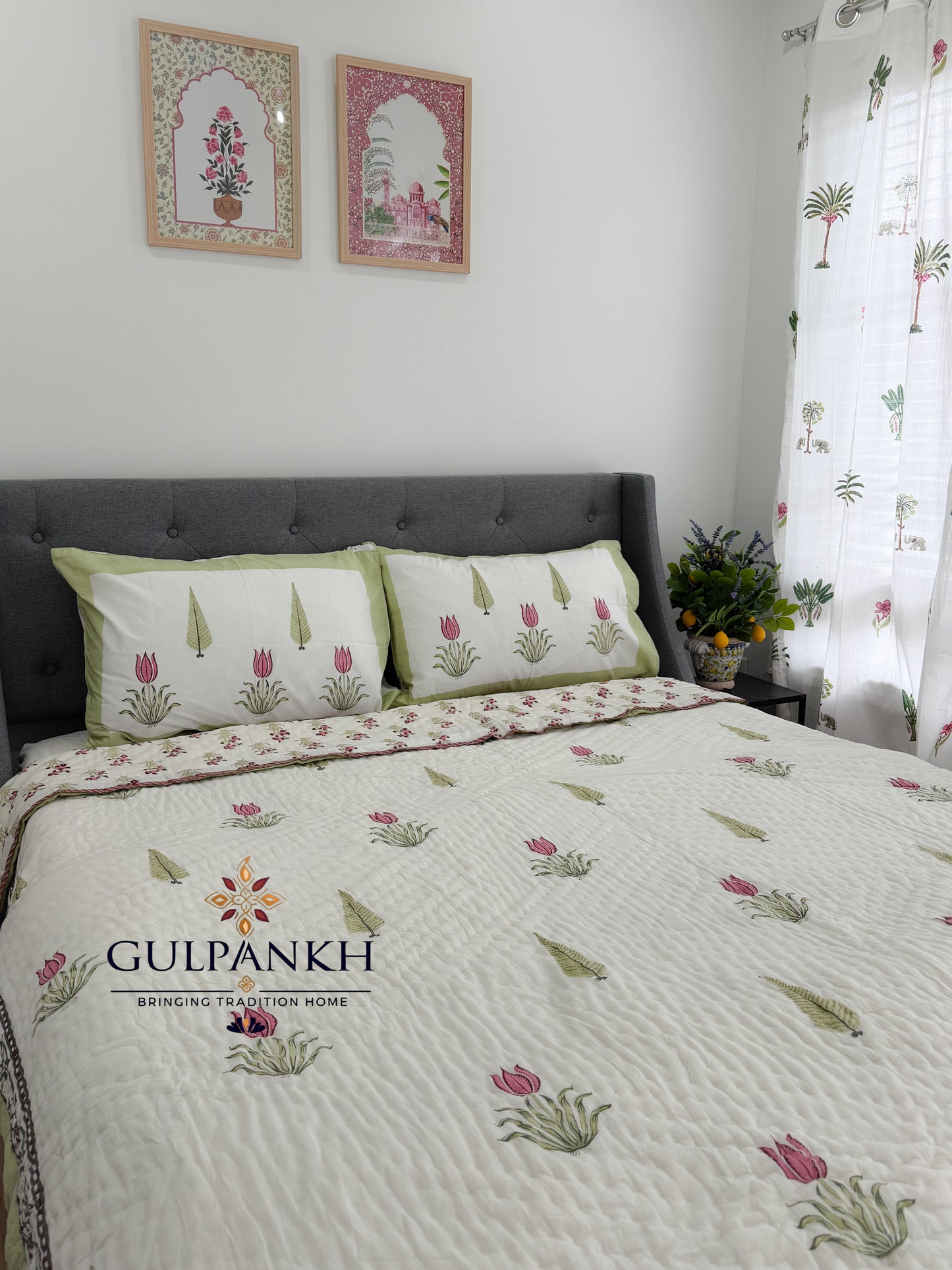 Hand Block Printed Cotton Quilt - Gulnaar Tulip Bloom | Gulpankh Canada
