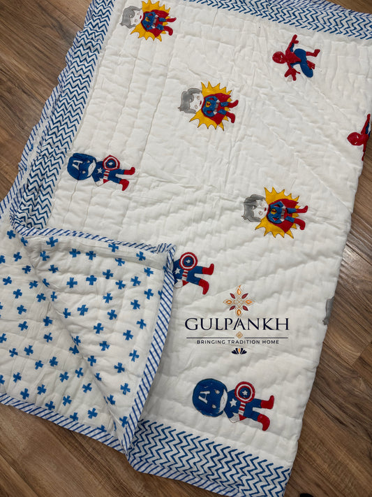 Little Heroes Baby Cotton Quilt – Hand Block Printed Baby Bedding | Gulpankh Canada