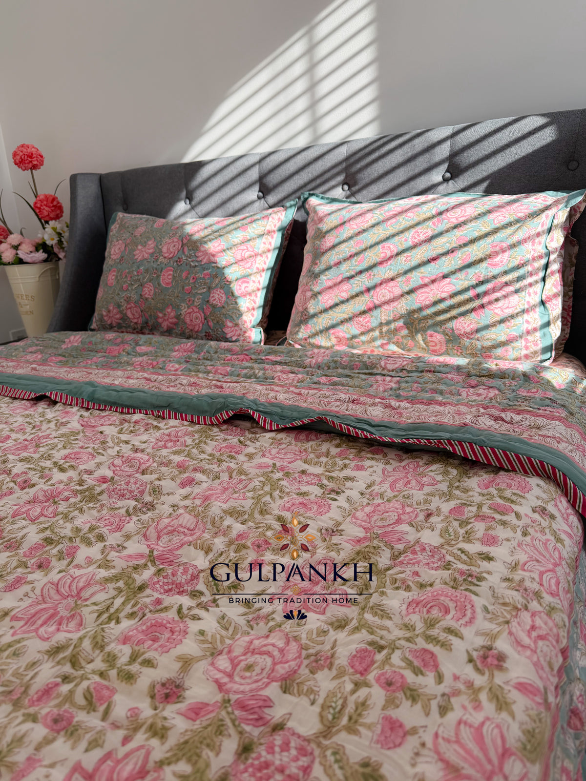 Hand Block Printed Reversible Cotton Quilt - Rose Sage Grove | Gulpankh Canada