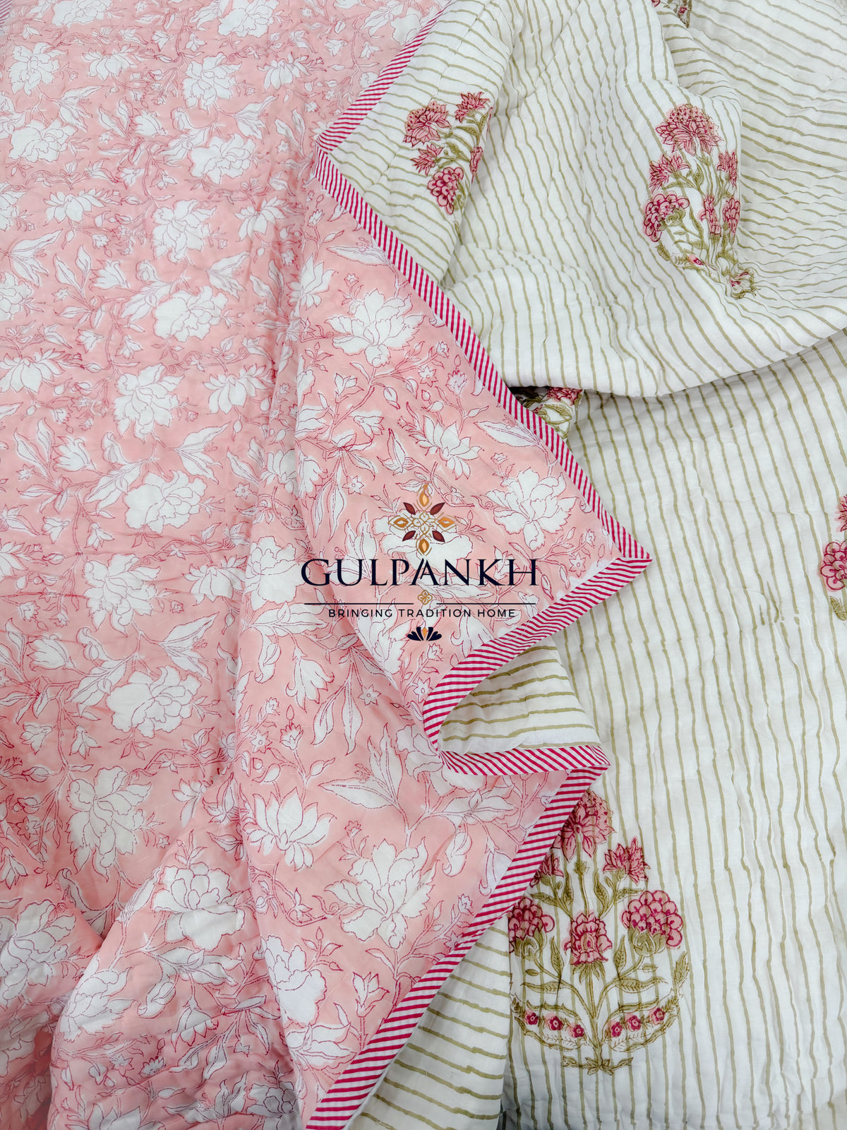 Hand Block Printed Reversible Cotton Quilt - Blush Stripe Garden | Gulpankh Canada