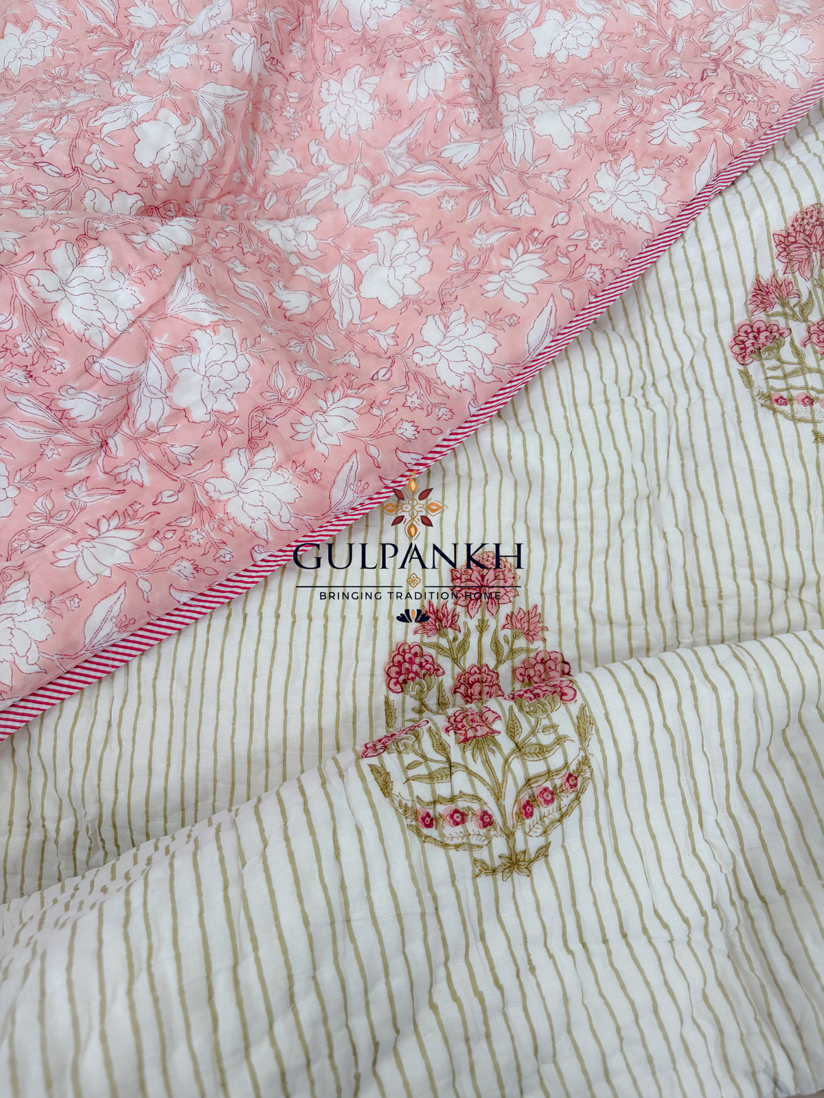 Hand Block Printed Reversible Cotton Quilt - Blush Stripe Garden | Gulpankh Canada