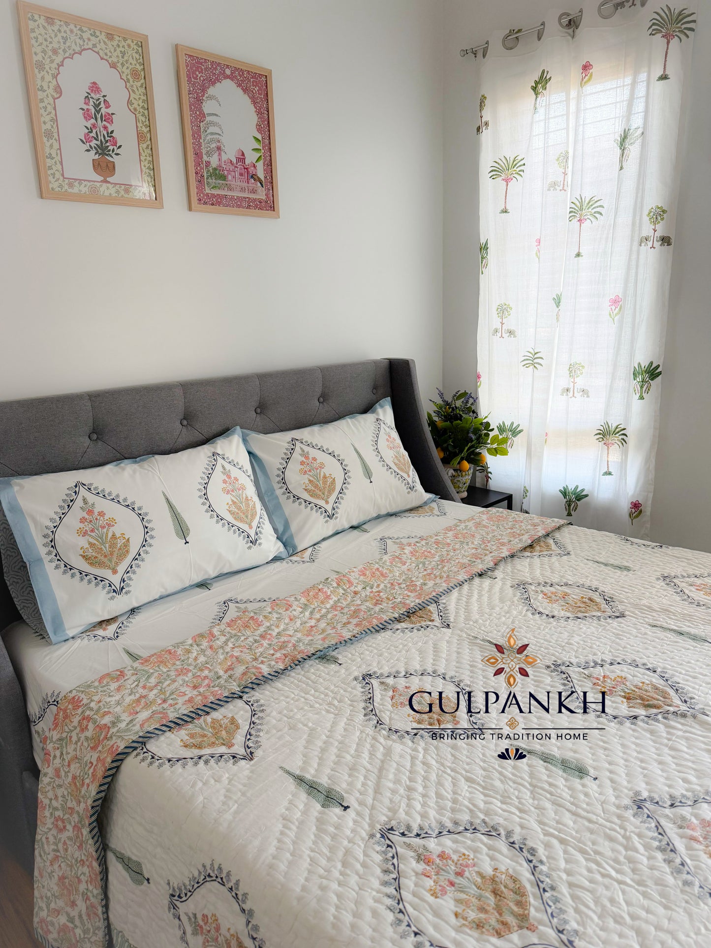 Hand Block Printed Cotton Queen Bedding Set with Quilt - Aafreen Ivory Bloom | Gulpankh Canada