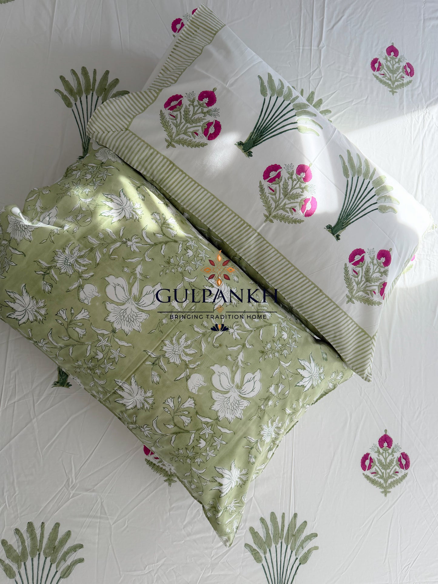 Lotus Meadow Hand Block Printed Flat Bedsheet | Gulpankh Canada