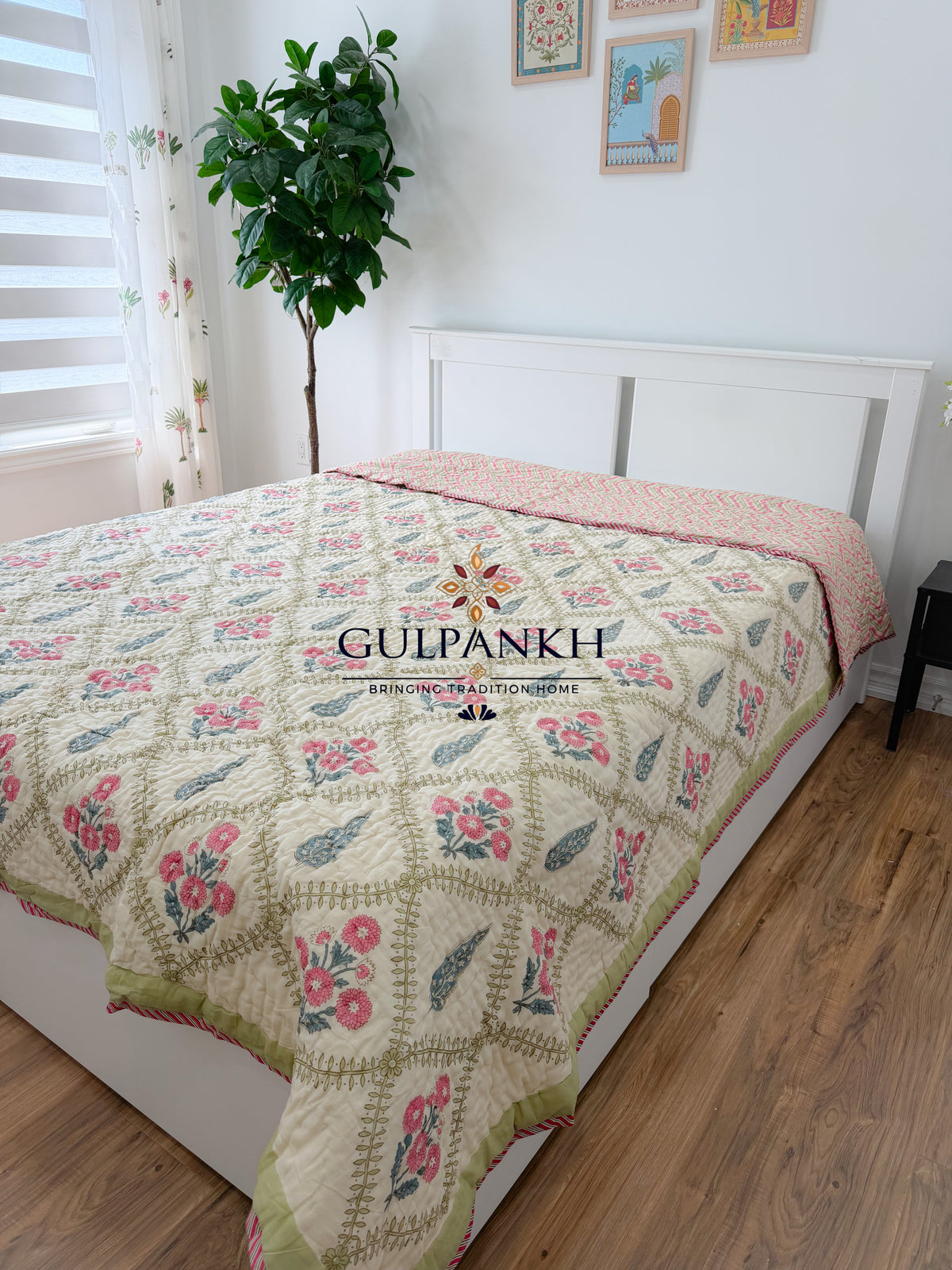 Reversible Hand Block Printed Cotton Quilt - Rosé Jharokha Bloom | Gulpankh Canada