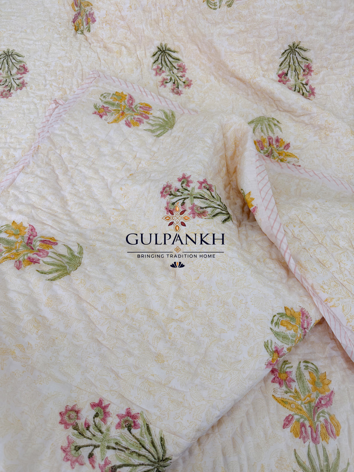 Hand Block Printed Reversible Cotton Quilt - Sunlit Blossom | Gulpankh Canada