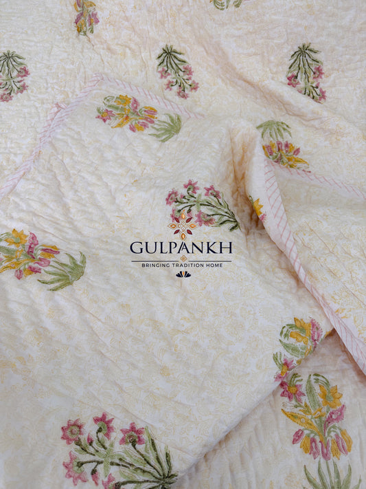 Hand Block Printed Reversible Cotton Quilt - Sunlit Blossom | Gulpankh Canada