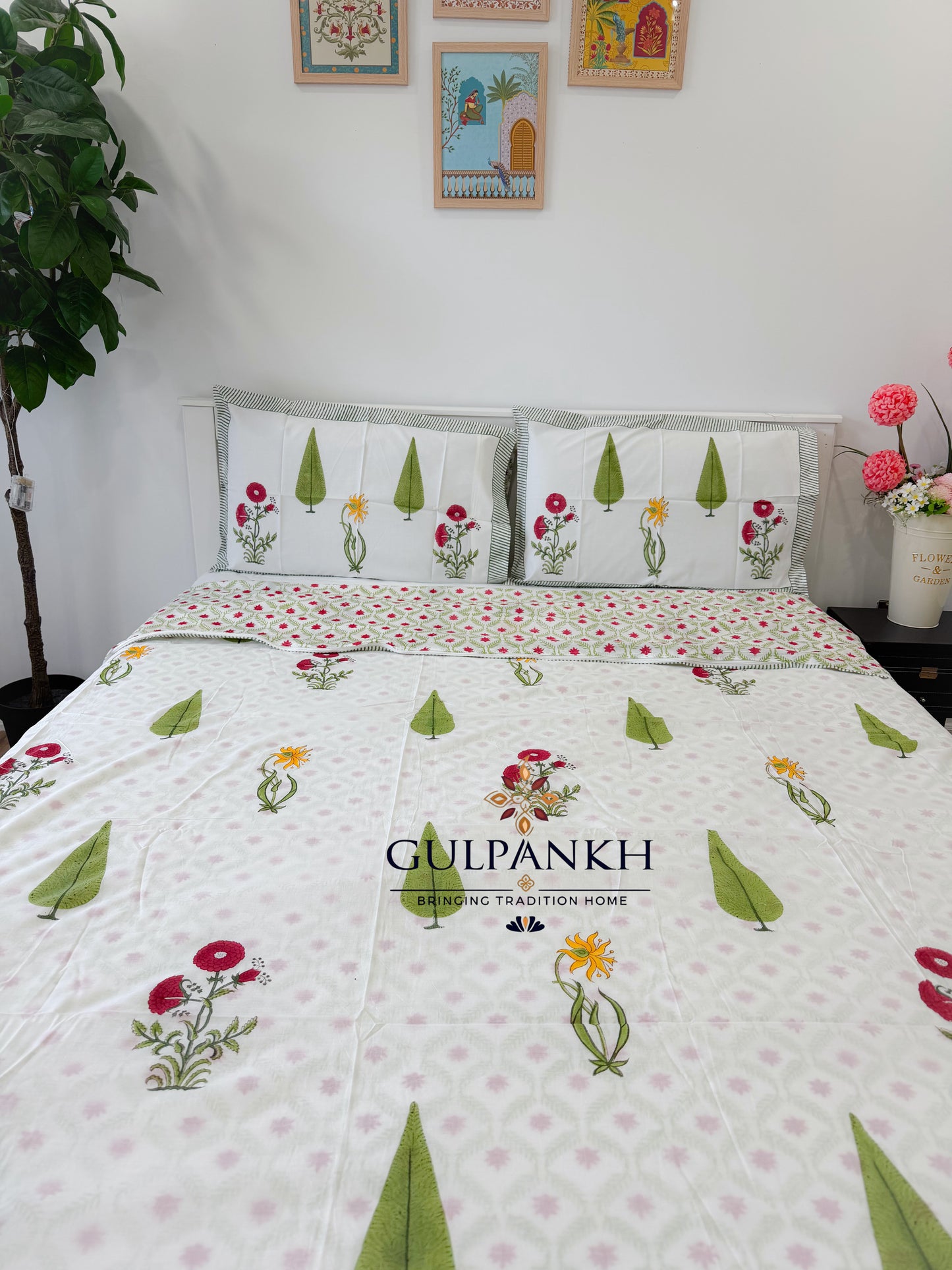 Hand Block Printed King Duvet Cover Set –  Gulmohar Meadow | Gulpankh Canada