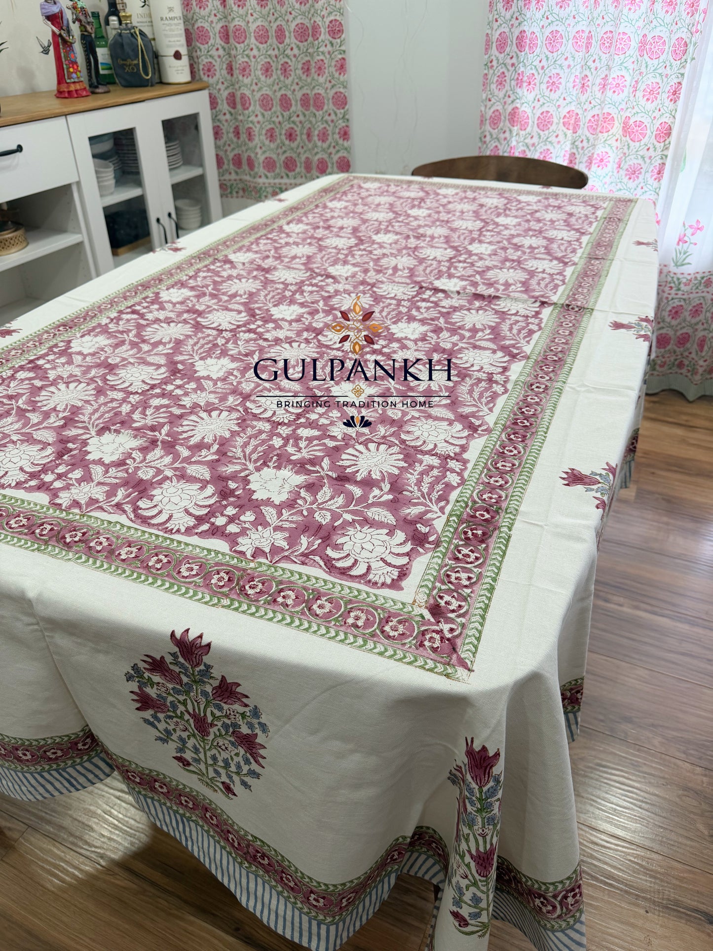 Hand Block Printed Cotton Table Cover - Rosewood Blossom Garden | Gulpankh Canada