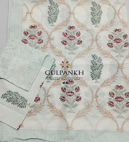 Hand Block Printed 100% Cotton Queen Fitted Bedsheet – Blush Teal Mughal Vine | Gulpankh Canada