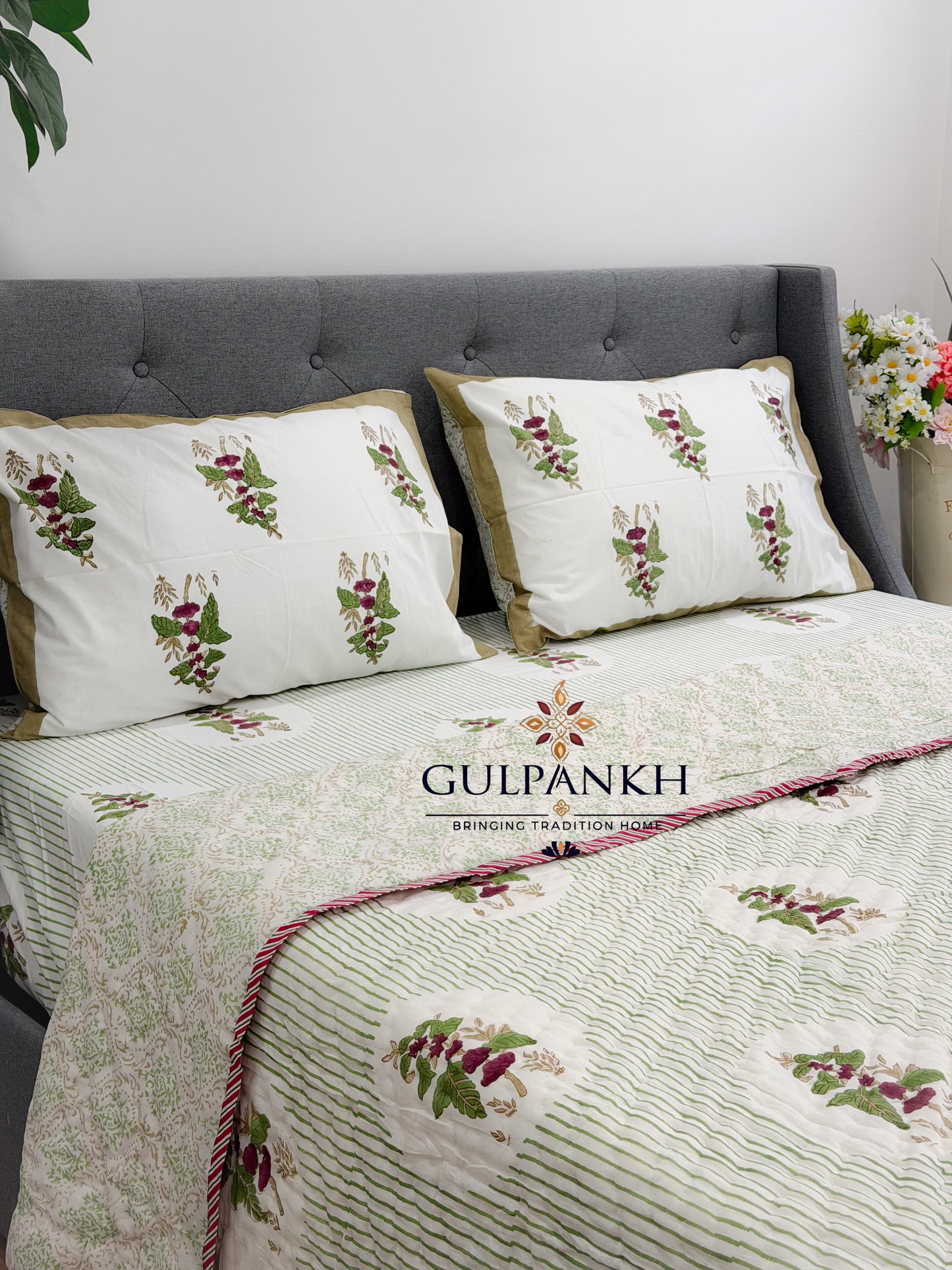 Hand Block Printed Cotton Bedding Set with Quilt - Gulbahar Sage | Gulpankh Canada