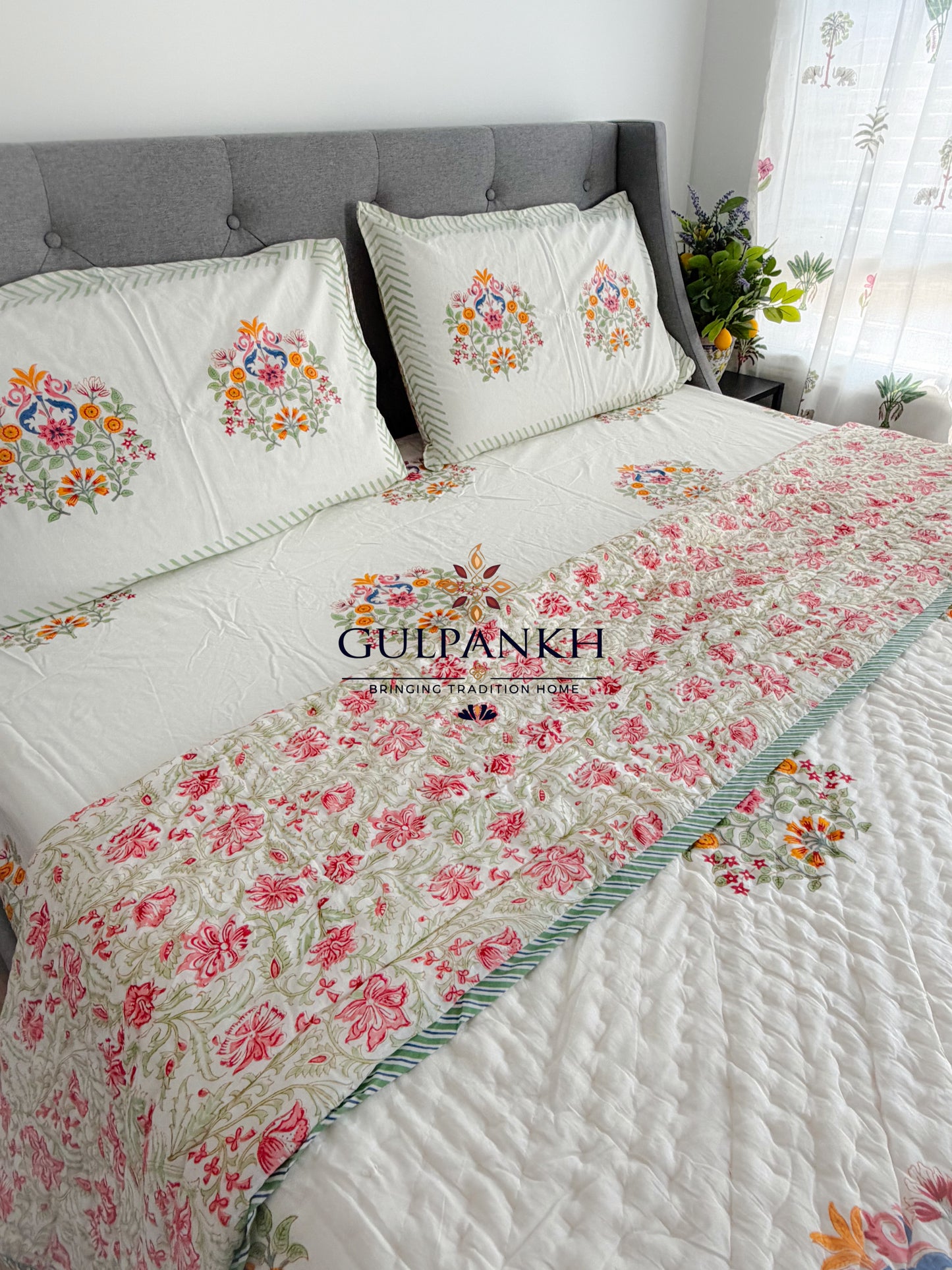 Hand Block Printed Cotton Bedding Set with Quilt - Gulbahar Blossom | Gulpankh Canada
