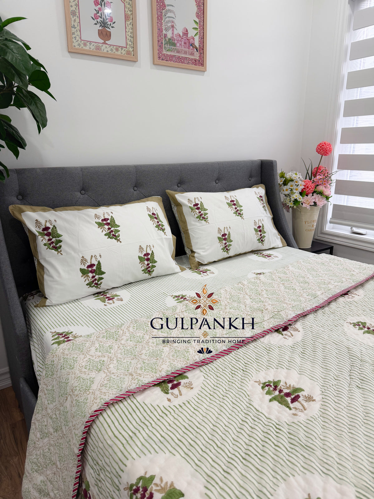 Hand Block Printed Cotton Bedding Set with Quilt - Gulbahar Sage | Gulpankh Canada