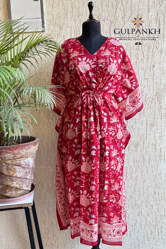 Hand Block Printed Cotton Kaftan – Gulnaar Rose Blossom | Gulpankh Canada