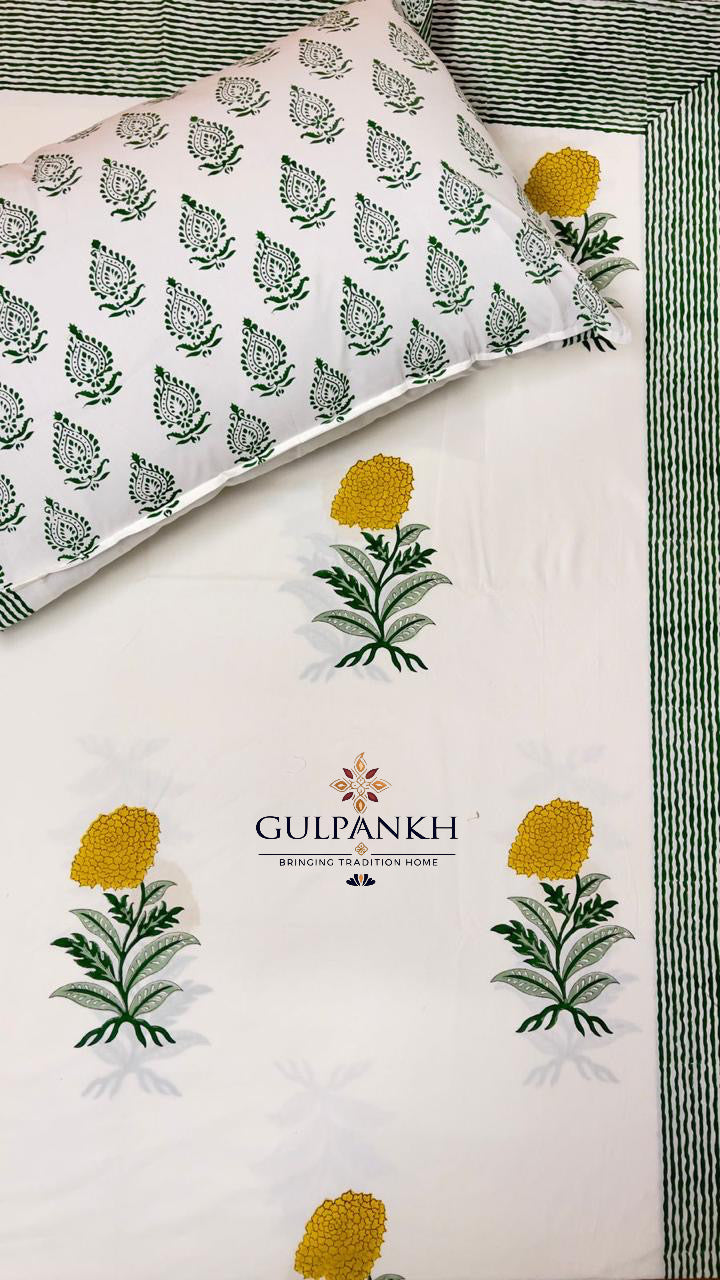Hand Block Printed Fitted Bedsheet - Mustard Genda Vatika | Gulpankh Canada
