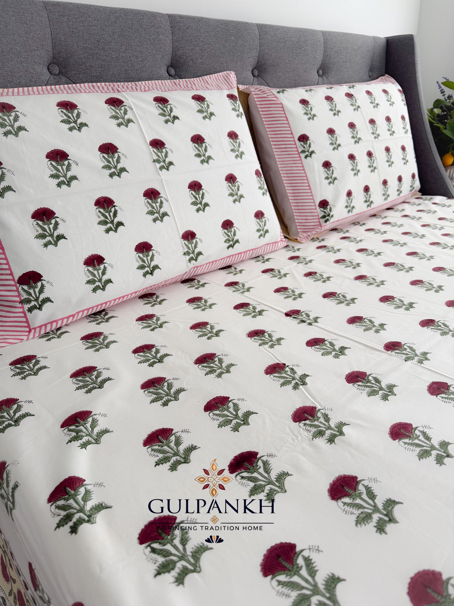 Gulnaar Buta Hand Block Printed Flat Bedsheet | Gulpankh Canada