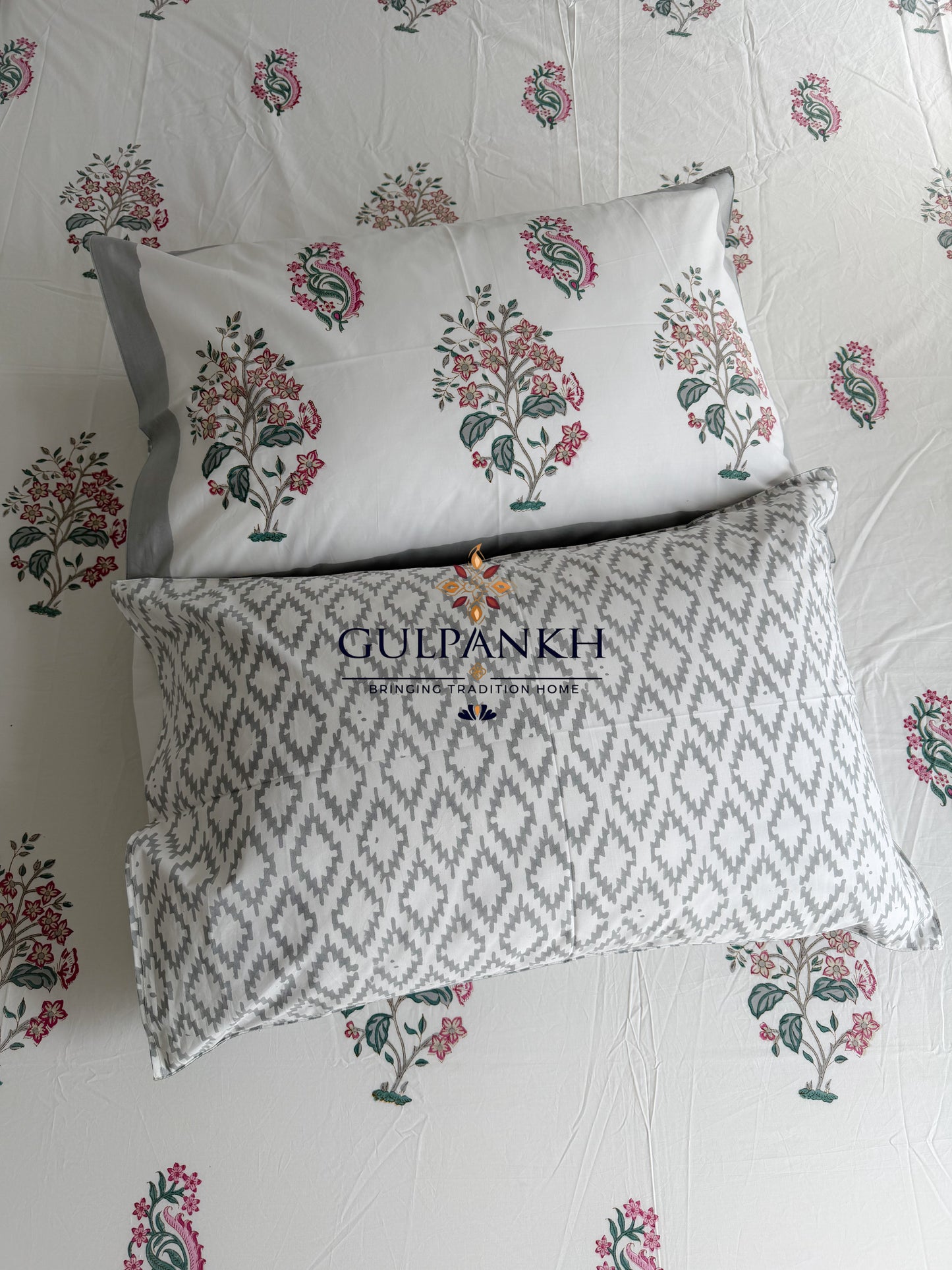 Hand Block Printed King Fitted Bedsheet - Blush Paisley Garden | Gulpankh Canada
