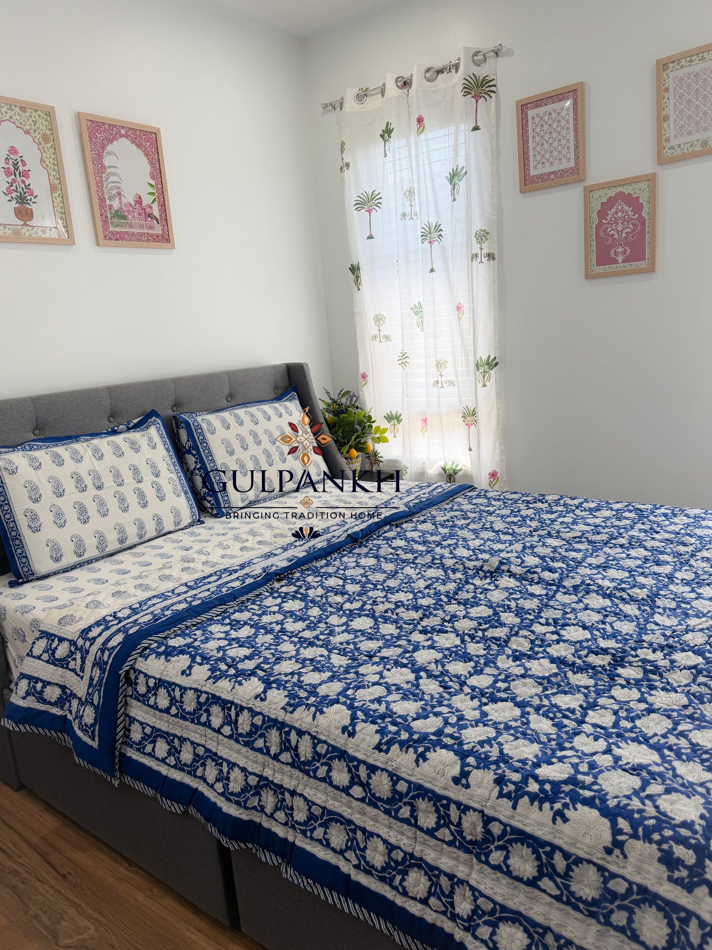Hand Block Printed Cotton Bedding Set with Quilt - Indigo Paisley Bloom | Gulpankh Canada