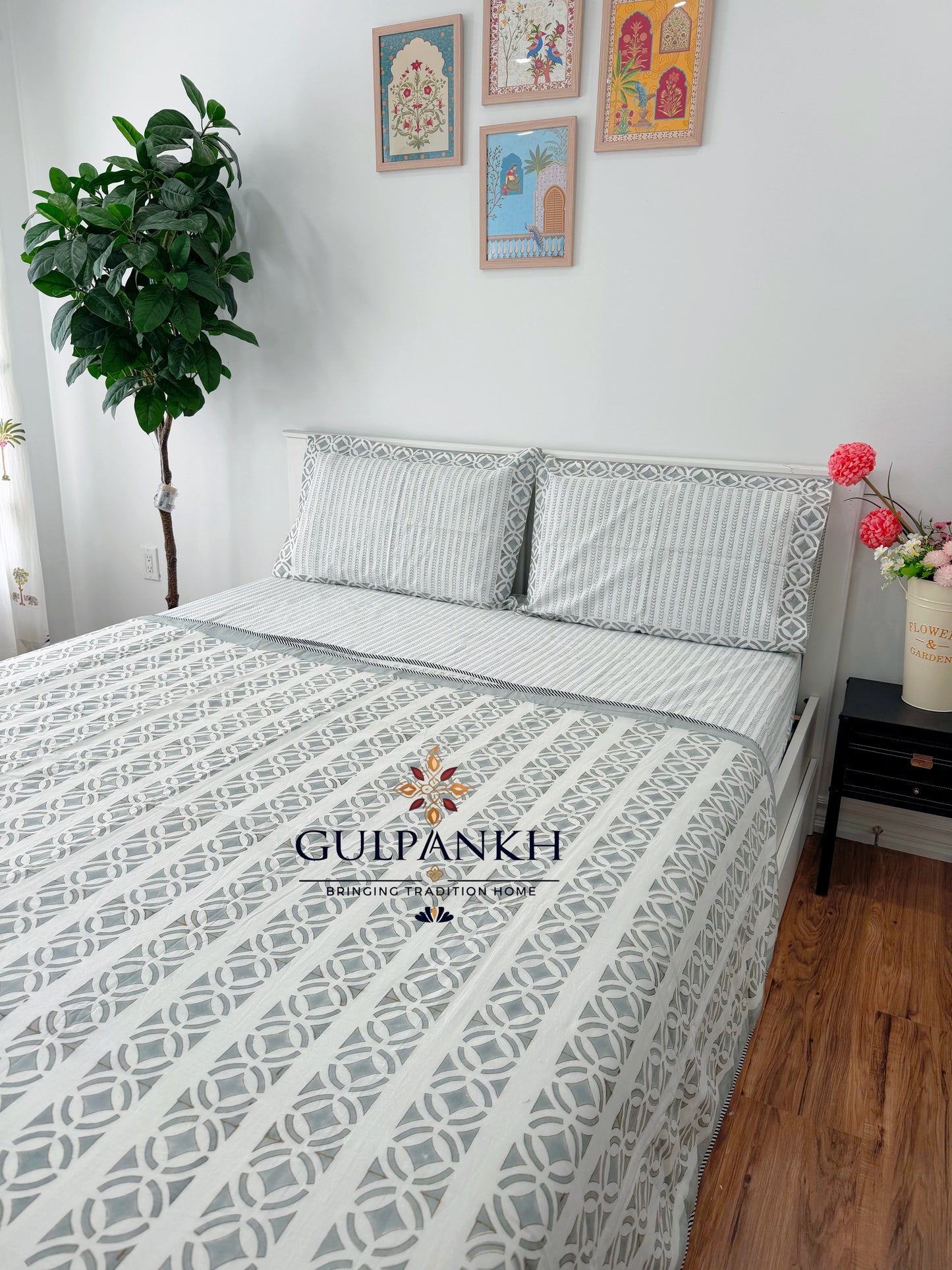 Hand Block Printed Cotton King Fitted Bedsheet with Matching Dohar - Sage Grey Luxe | Gulpankh Canada