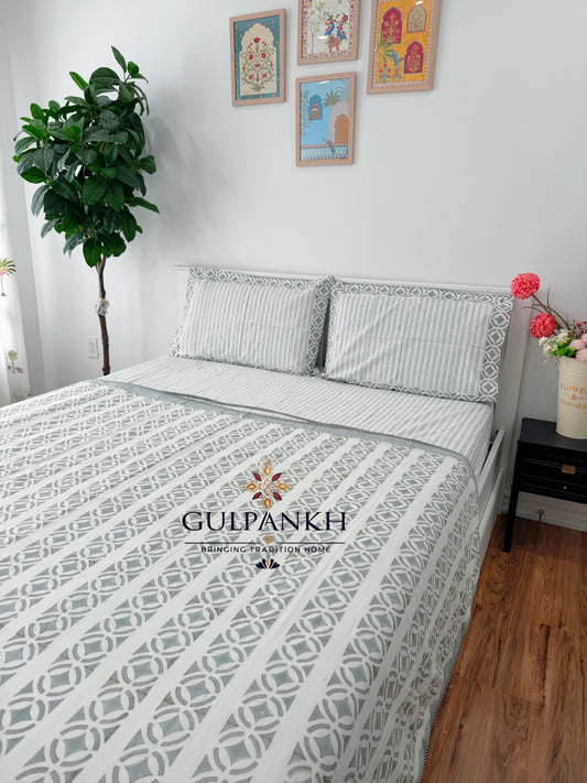 Hand Block Printed Cotton King Fitted Bedsheet with Matching Dohar - Sage Grey Luxe | Gulpankh Canada