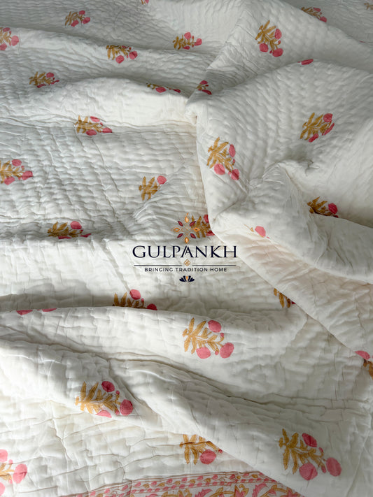 Hand Block Printed Cotton Quilt - Ivory Blossom Buta | Gulpankh Canada