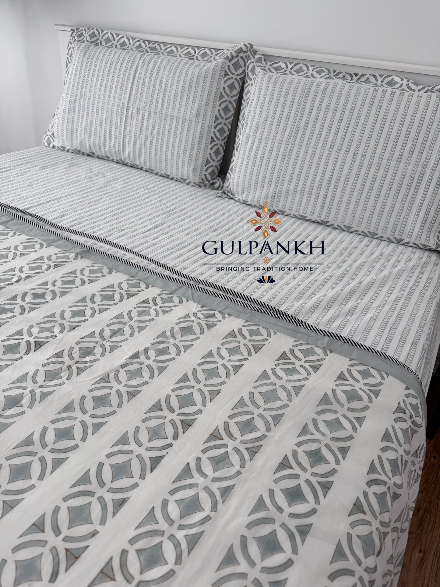 Hand Block Printed Cotton King Fitted Bedsheet with Matching Dohar - Sage Grey Luxe | Gulpankh Canada