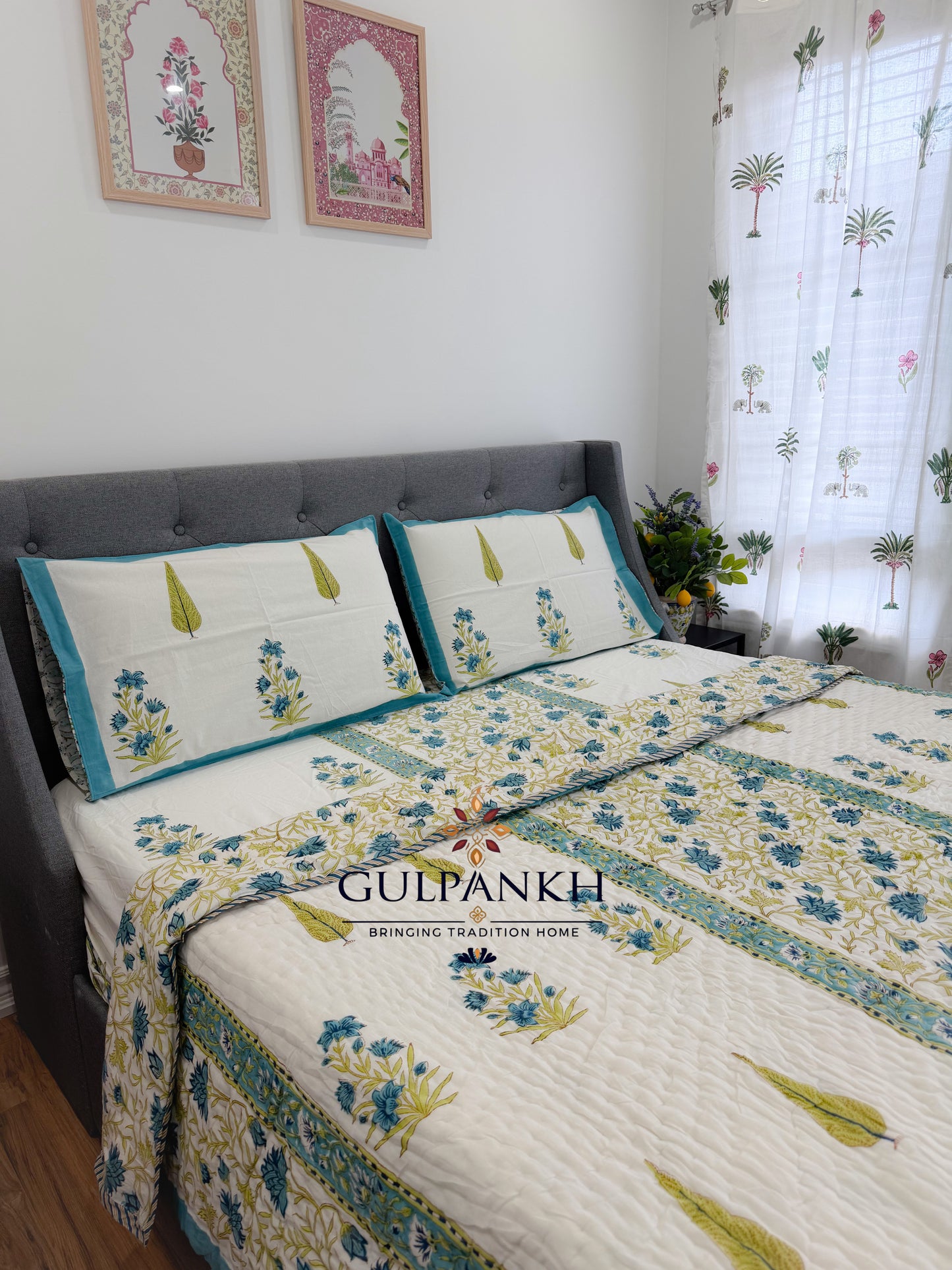 Hand Block Printed Cotton Bedding Set with Quilt - Azure Wildflower Courtyard | Gulpankh Canada