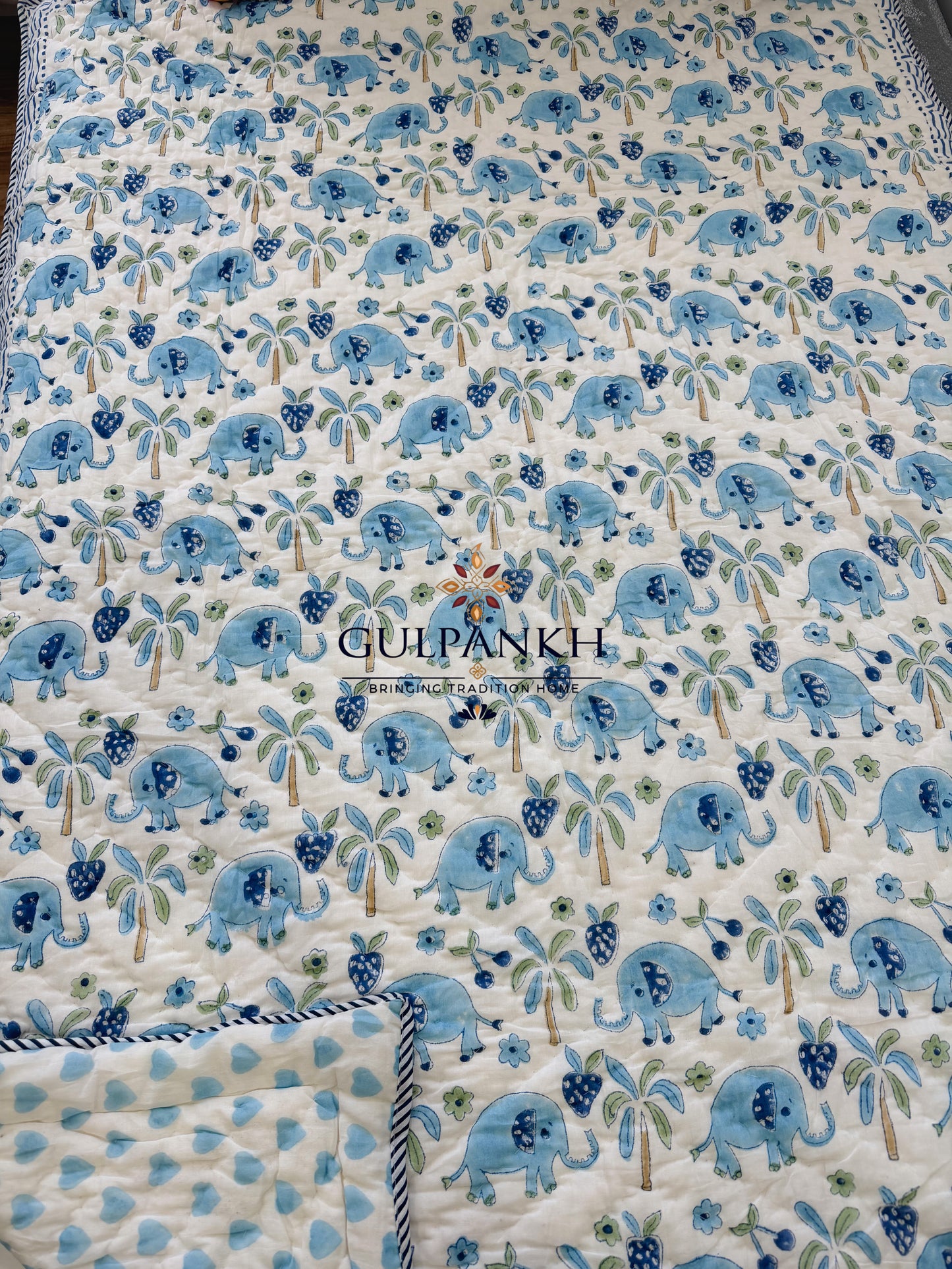 Hand Block Printed Baby Cotton Quilt - Blue Elephant Grove | Gulpankh Canada