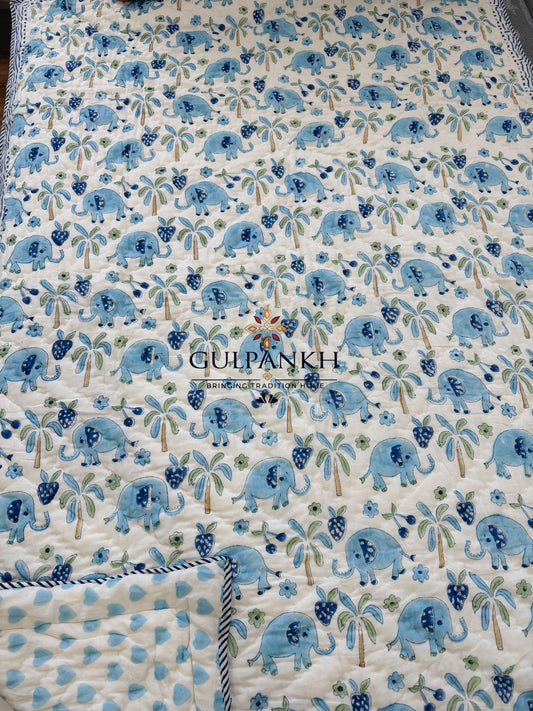 Hand Block Printed Baby Cotton Quilt - Blue Elephant Grove | Gulpankh Canada