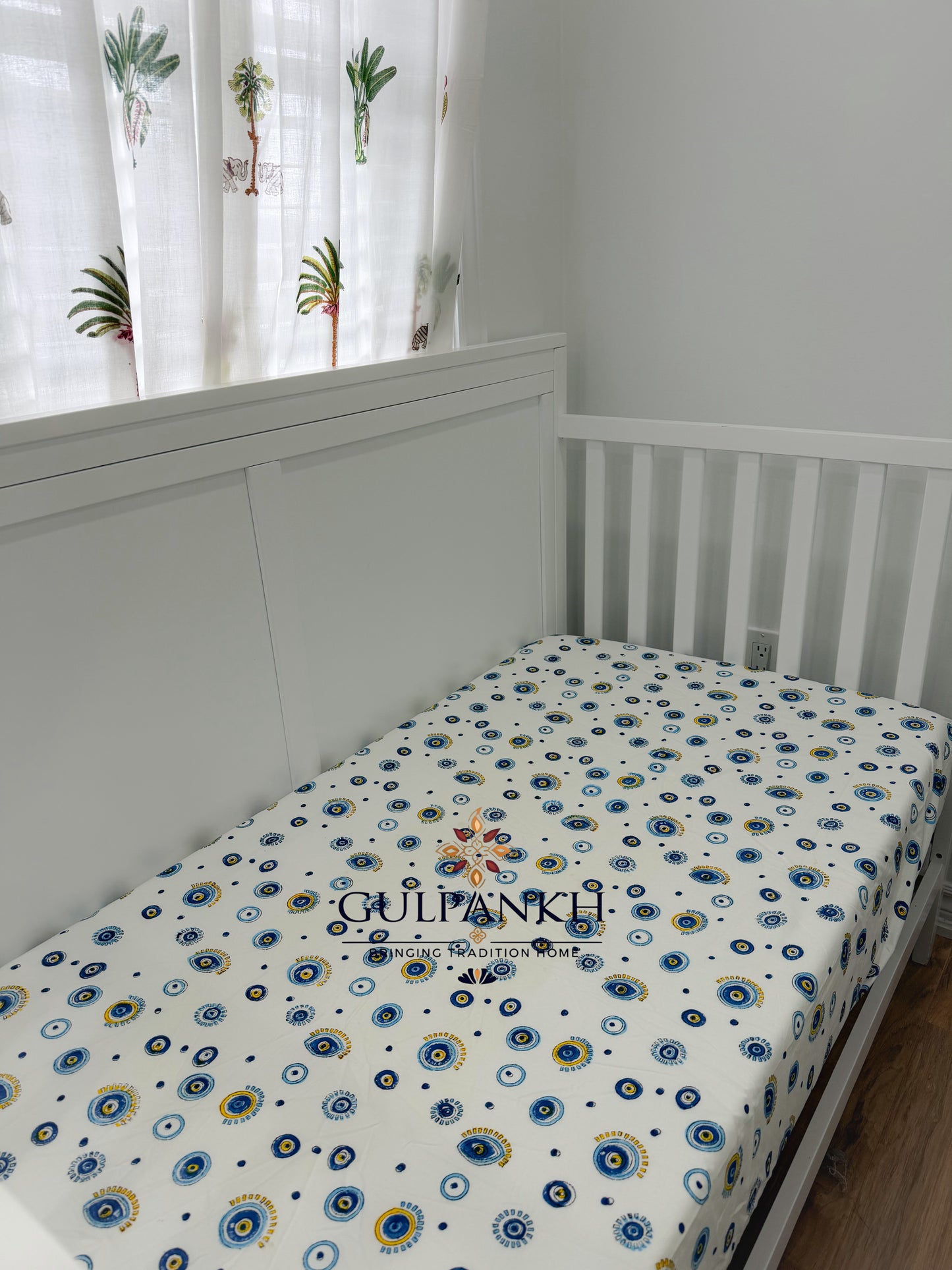 Hand Block Printed Crib Sheet Fitted - Evil Eye Serenity | Gulpankh Canada