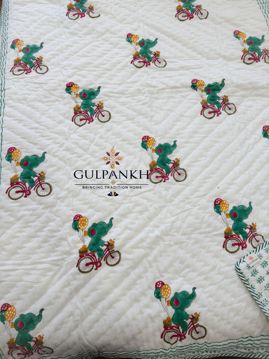 Hand Block Printed Baby Cotton Quilt - Little Elephant Parade | Gulpankh Canada