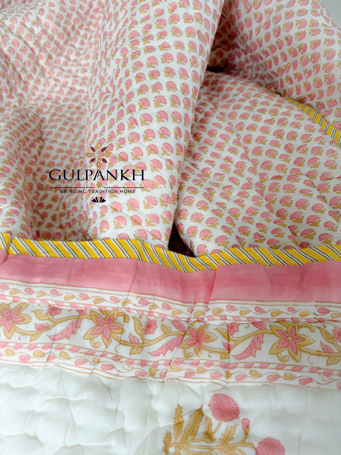Hand Block Printed Cotton Quilt - Ivory Blossom Buta | Gulpankh Canada