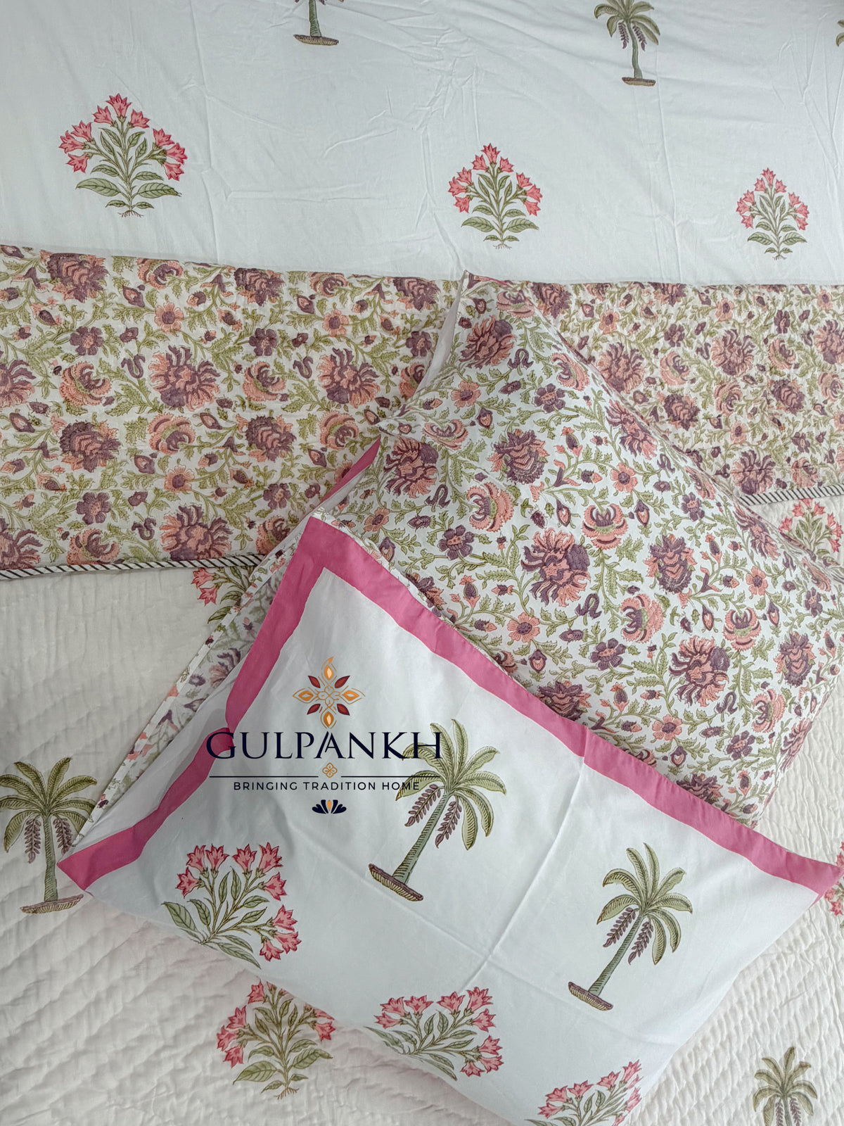 Hand Block Printed Cotton Bedding Set with Quilt - Gulabi Palm Garden | Gulpankh Canada