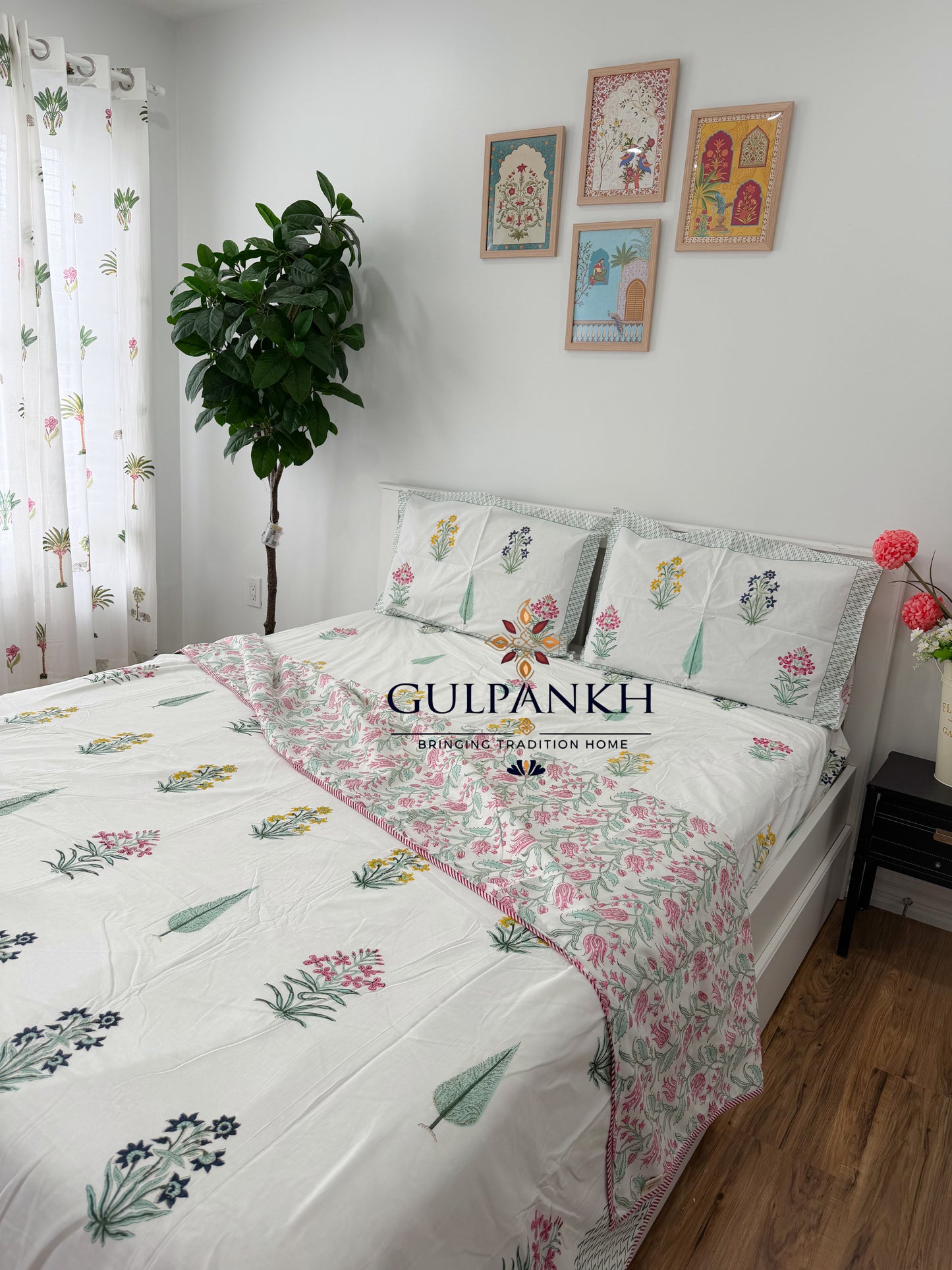 Hand Block Printed Cotton King Fitted Bedsheet with Matching Dohar - Blush Garden | Gulpankh Canada