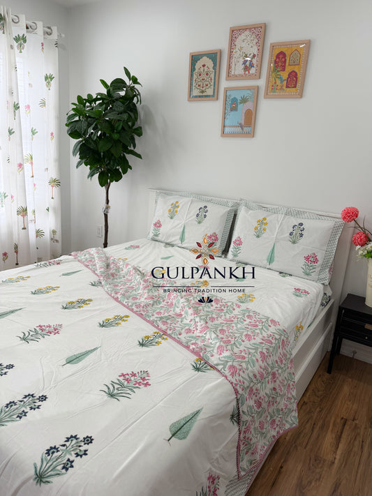 Hand Block Printed Cotton King Fitted Bedsheet with Matching Dohar - Blush Garden | Gulpankh Canada