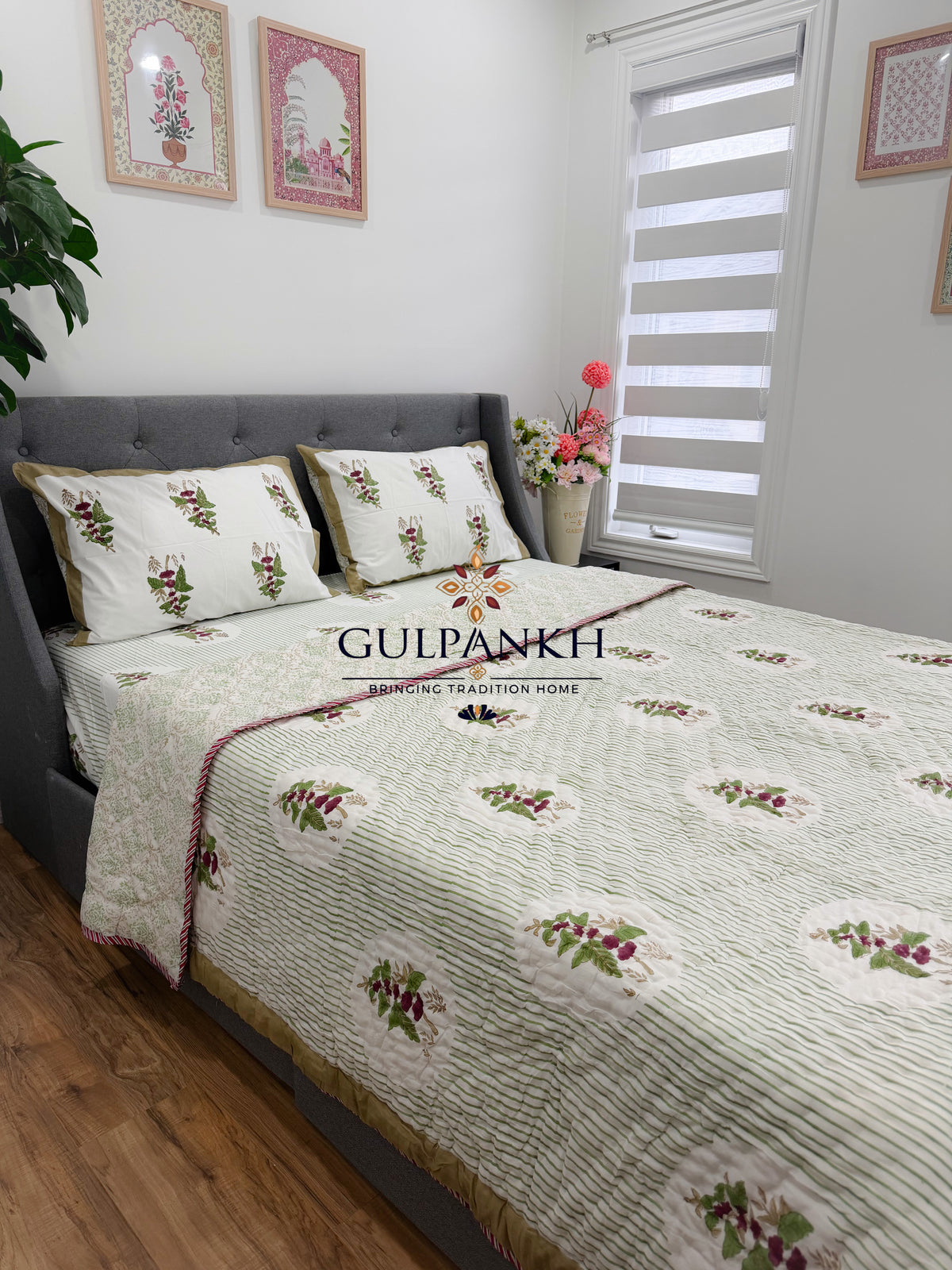 Hand Block Printed Cotton Bedding Set with Quilt - Gulbahar Sage | Gulpankh Canada