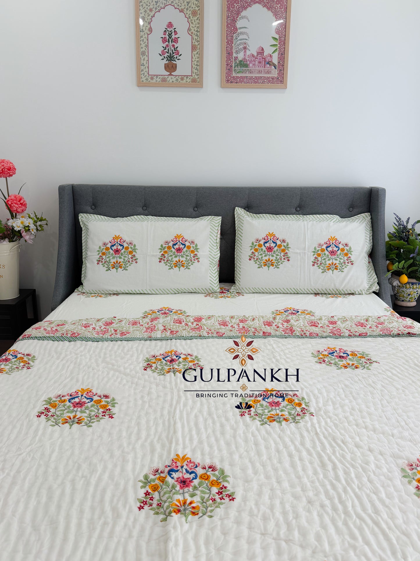 Hand Block Printed Cotton Bedding Set with Quilt - Gulbahar Blossom | Gulpankh Canada