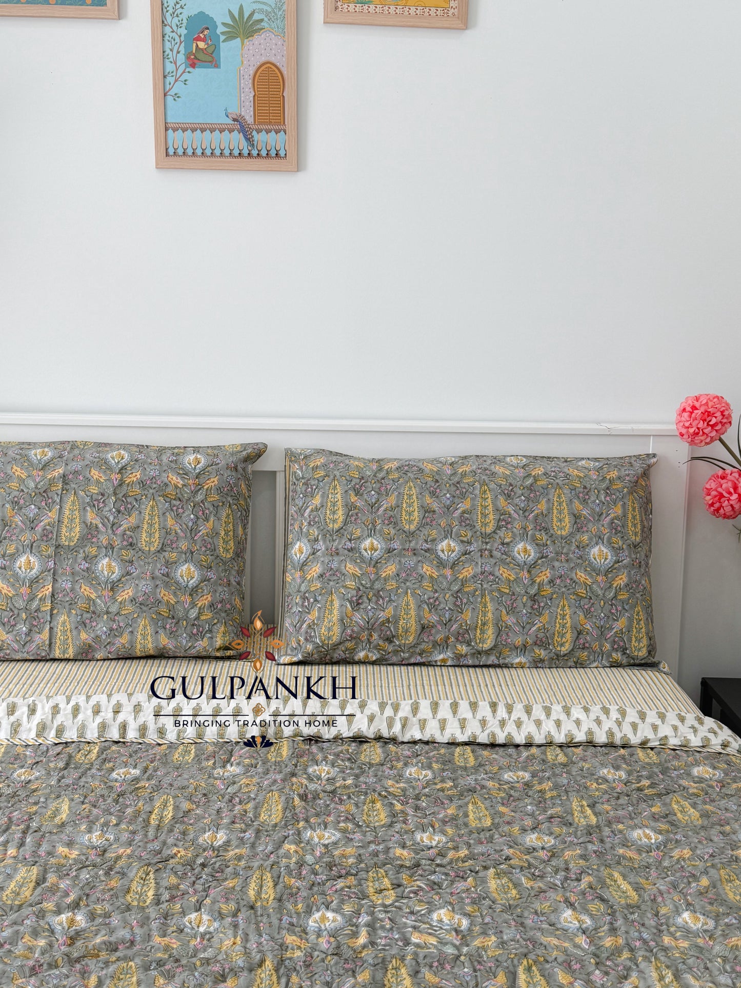 Hand Block Printed Cotton Bedding Set with Quilt - Vintage Olive Botanica | Gulpankh Canada