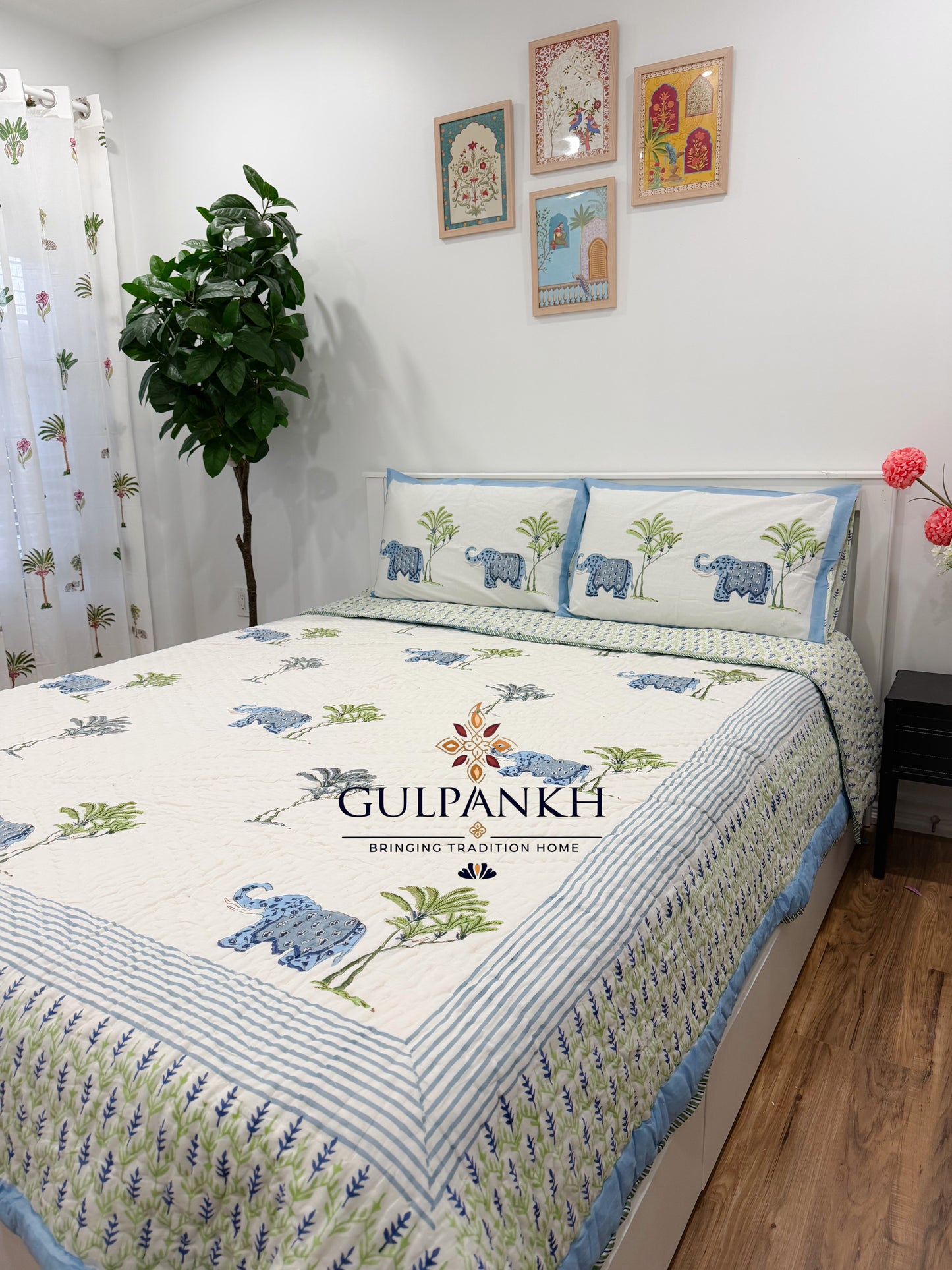 Hand Block Printed Cotton Quilt - Blue Elephant Parade | Gulpankh Canada