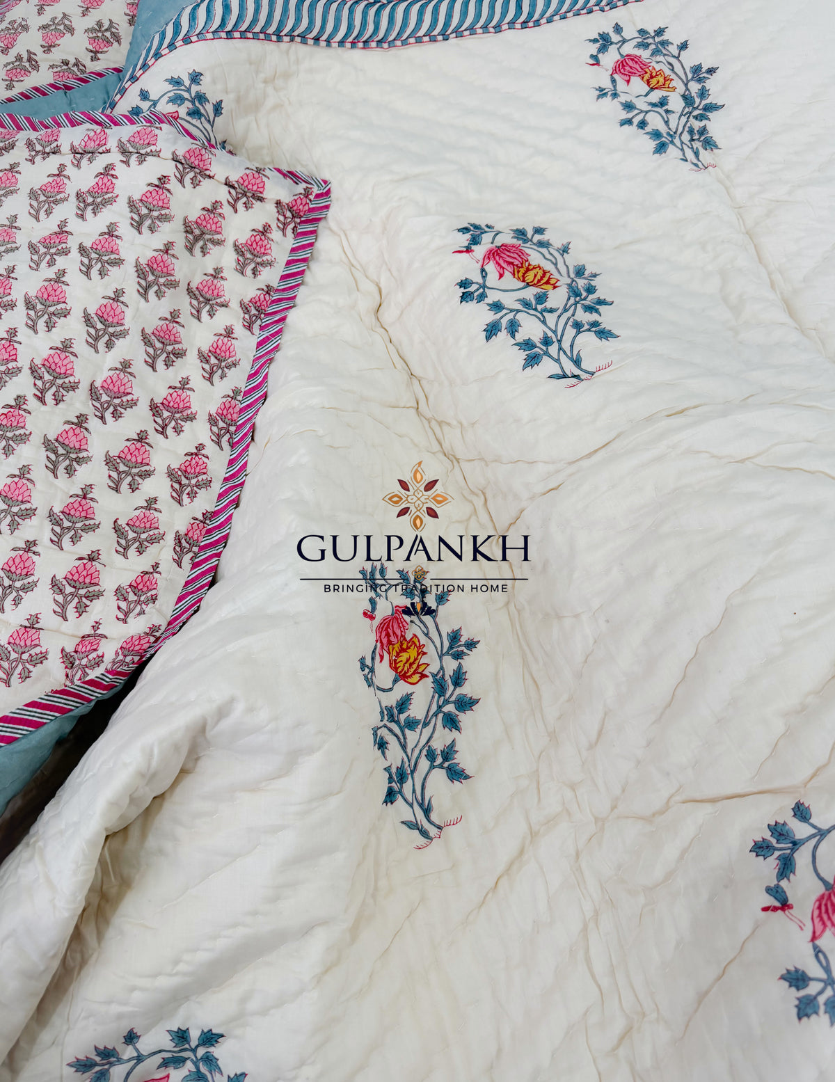 Hand Block Printed Reversible Cotton Quilt - Ivory Rose Meadow | Gulpankh Canada