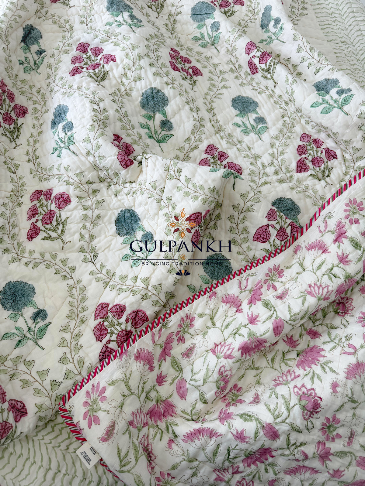 Reversible Hand Block Printed Cotton Quilt - Gulabi Bagh | Gulpankh Canada
